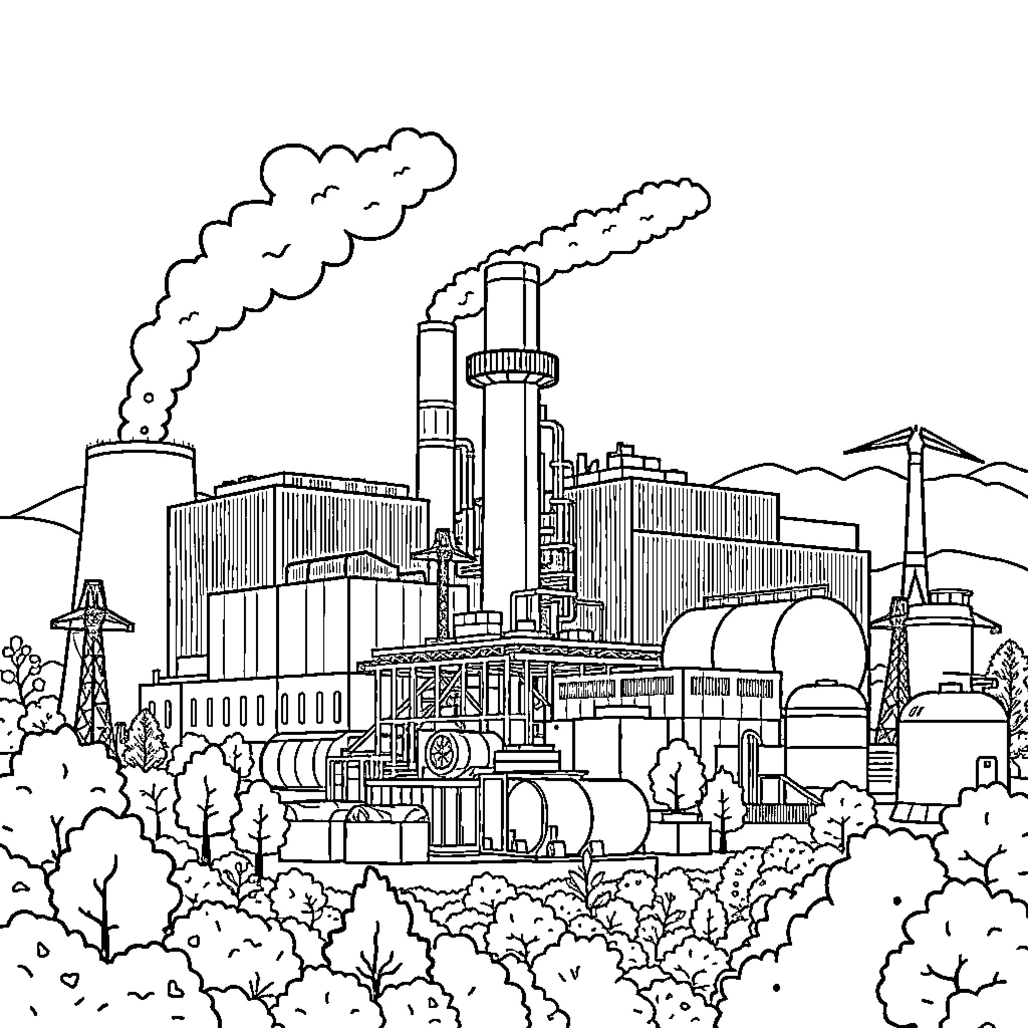Recycling industrial plant with smokestacks and machinery Coloring Page (free black-and-white line drawing printable PDF for all, from beginners to advanced learners, including children, teens, adults, and seniors)