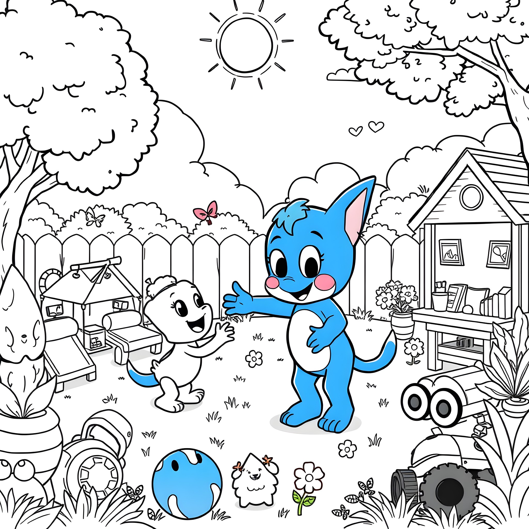 Bluey and her friends playing in the backyard Coloring Page (free black-and-white line drawing printable PDF for all, from beginners to advanced learners, including children, teens, adults, and seniors)