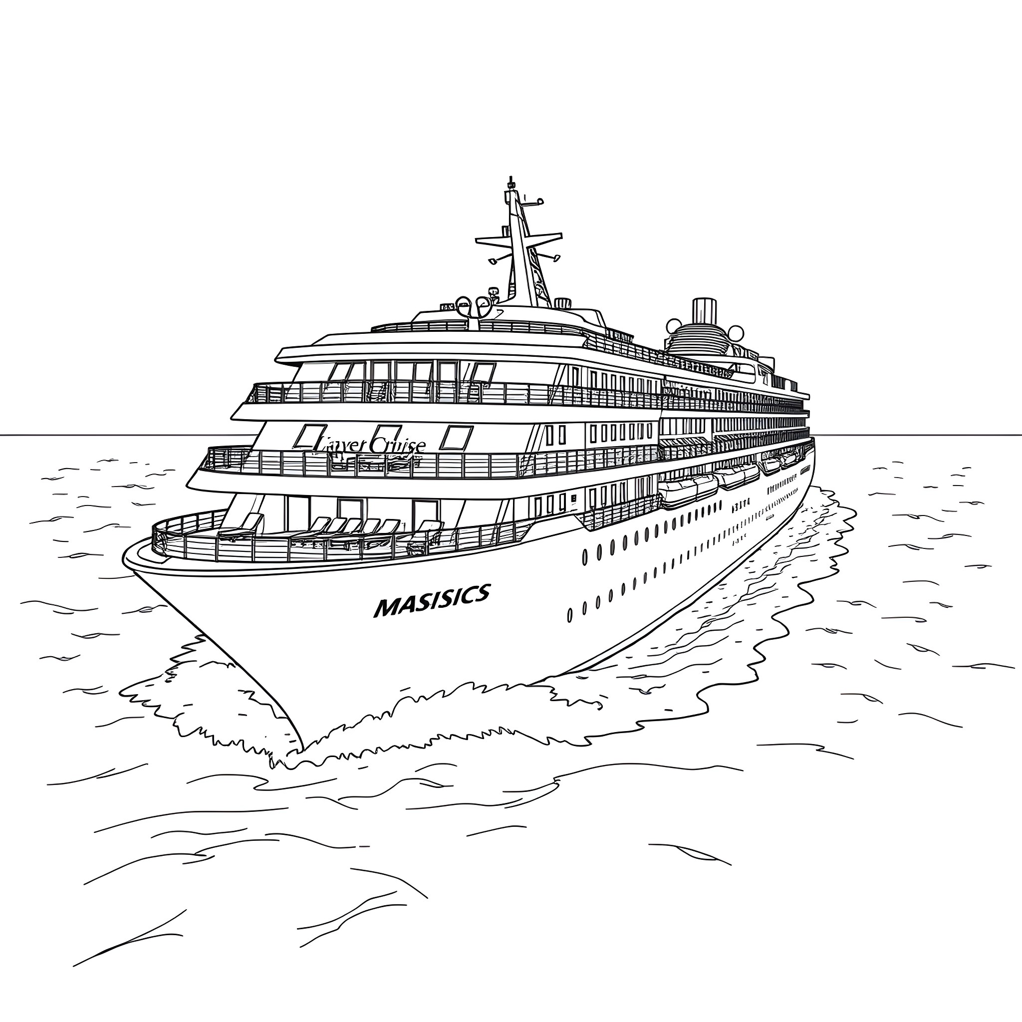 Cruise Ship Sailing Across the Waves Coloring Page (free black-and-white line drawing printable PDF for all, from beginners to advanced learners, including children, teens, adults, and seniors)