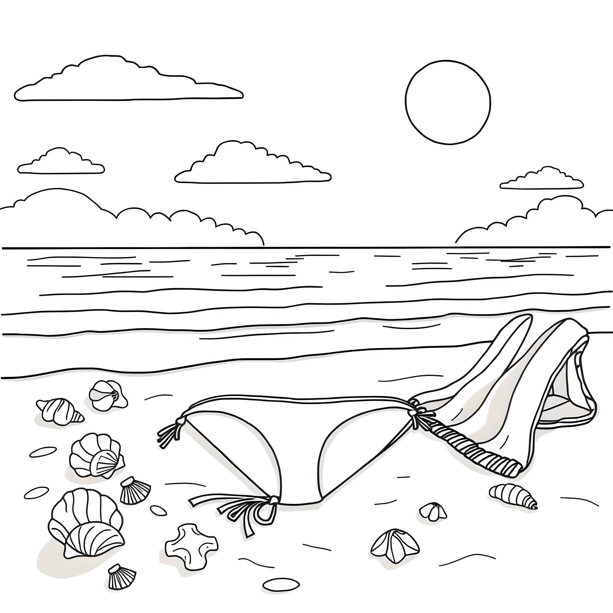 Bikini-clad woman relaxing on the beach Coloring Page (free black-and-white line drawing printable PDF for all, from beginners to advanced learners, including children, teens, adults, and seniors)