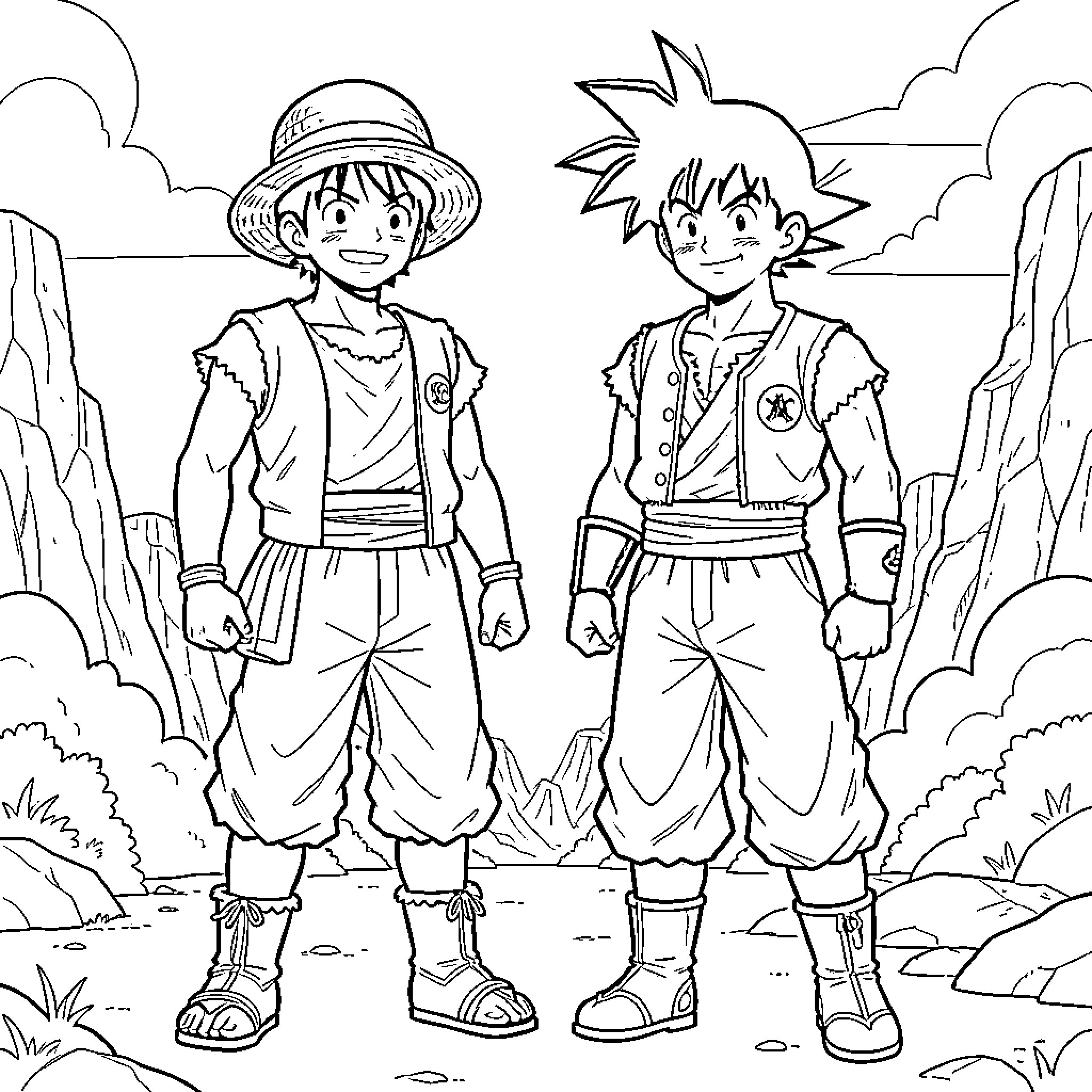Luffy and Goku's Adventurous Exploration Coloring Page (free black-and-white line drawing printable PDF for all, from beginners to advanced learners, including children, teens, adults, and seniors)