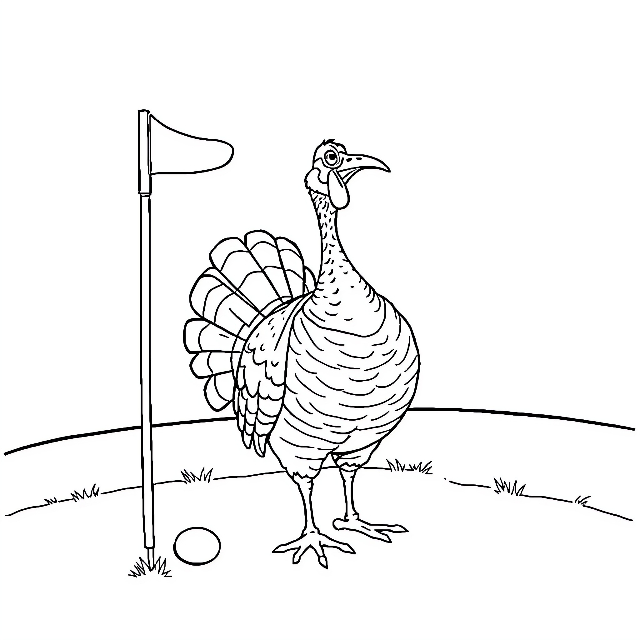 Turkey standing beside golf flag Coloring Page (free black-and-white line drawing printable PDF for all, from beginners to advanced learners, including children, teens, adults, and seniors)
