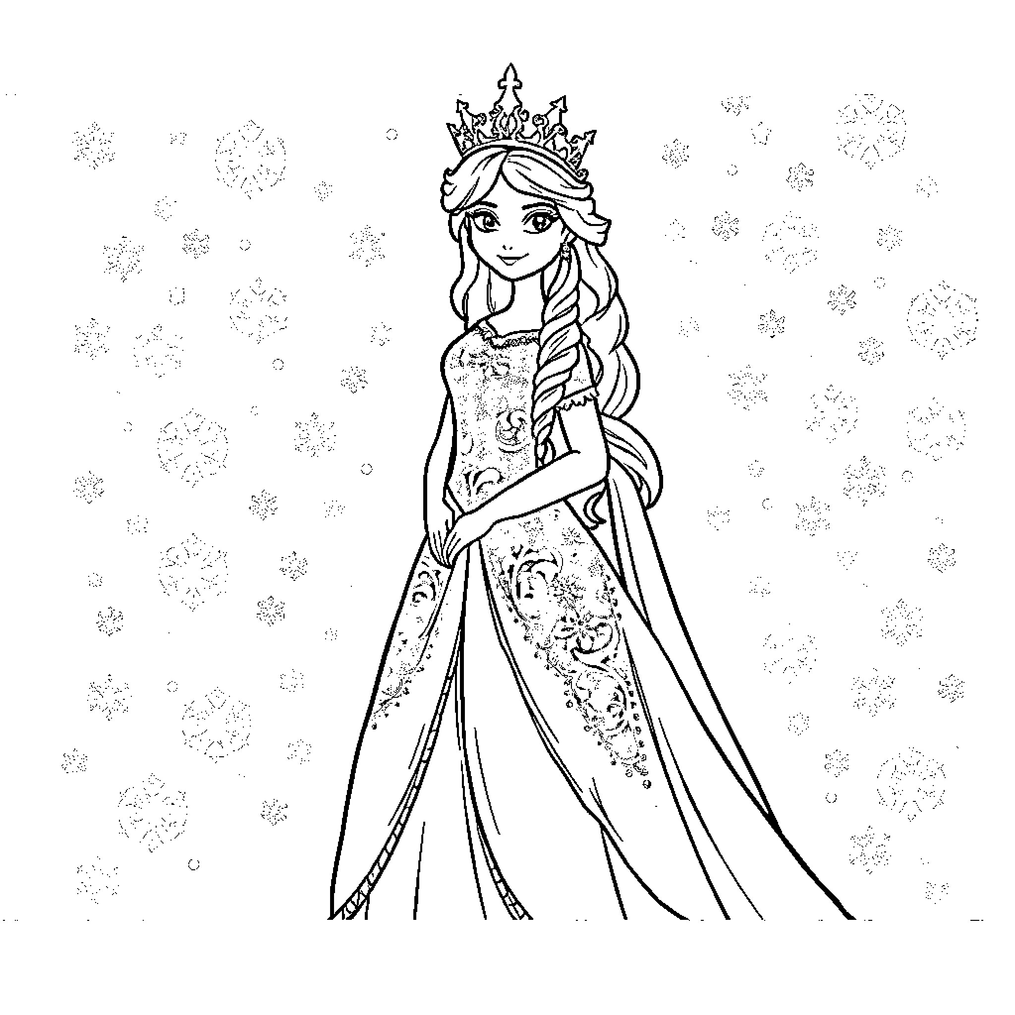 Snow Queen in Regal Attire Amid Snowfall Coloring Page (free black-and-white line drawing printable PDF for all, from beginners to advanced learners, including children, teens, adults, and seniors)