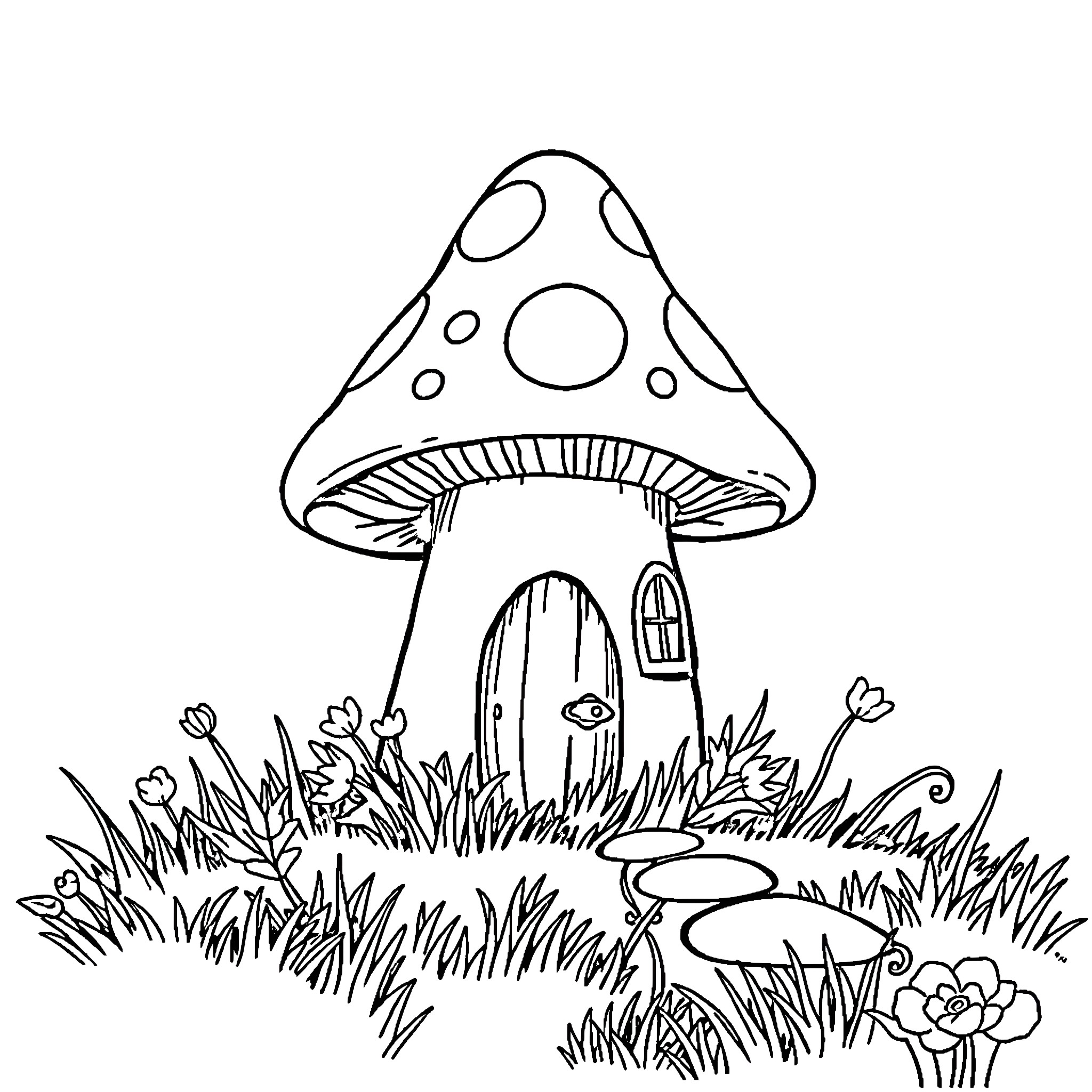 Mushroom house in a fantasy forest Coloring Page (free black-and-white line drawing printable PDF for all, from beginners to advanced learners, including children, teens, adults, and seniors)