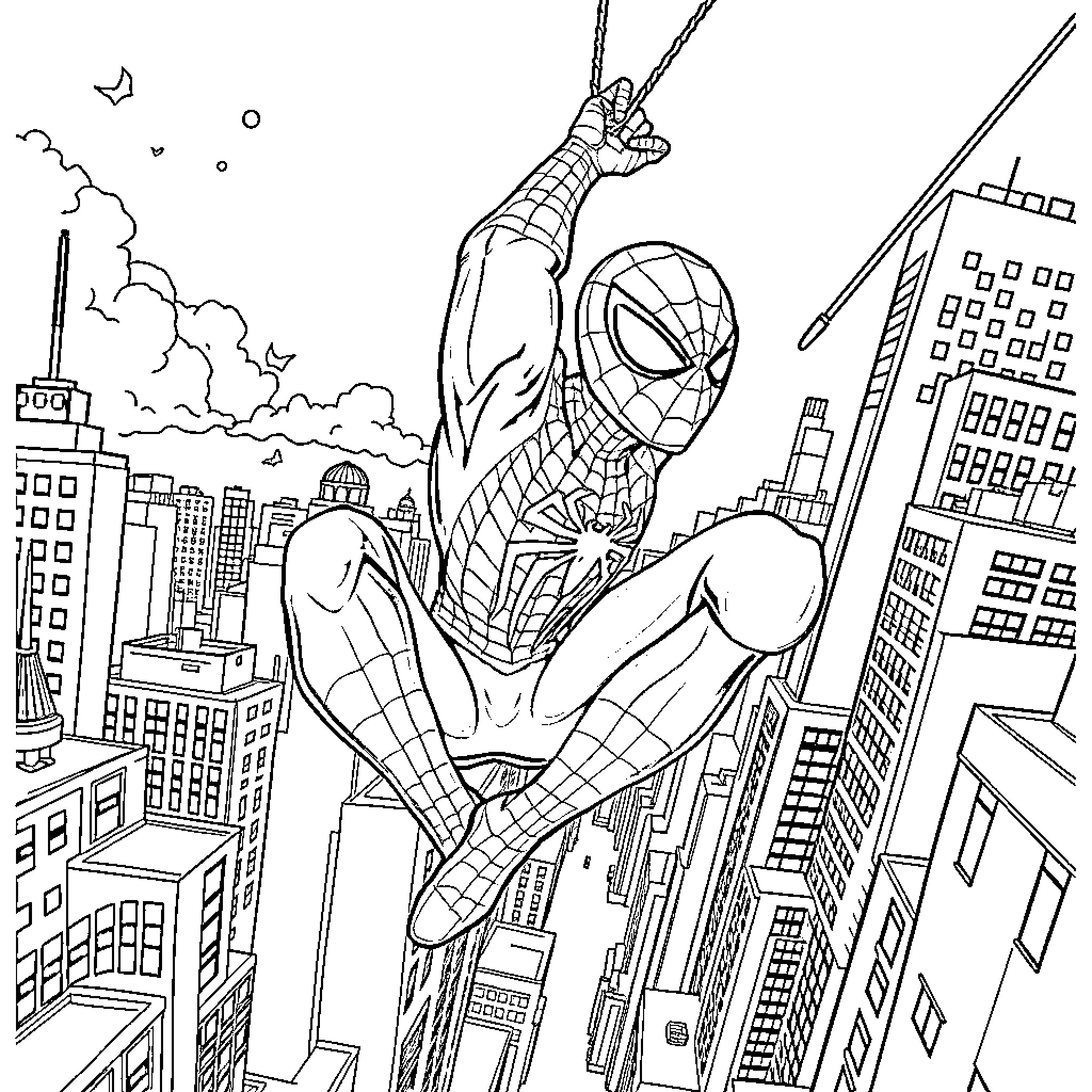 Spiderman swinging through the city skyline Coloring Page (free black-and-white line drawing printable PDF for all, from beginners to advanced learners, including children, teens, adults, and seniors)