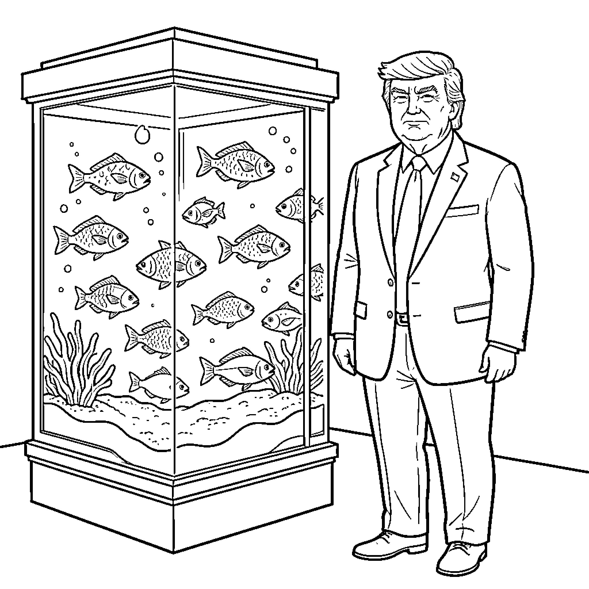 Trump standing next to a large fish tank Coloring Page (free black-and-white line drawing printable PDF for all, from beginners to advanced learners, including children, teens, adults, and seniors)