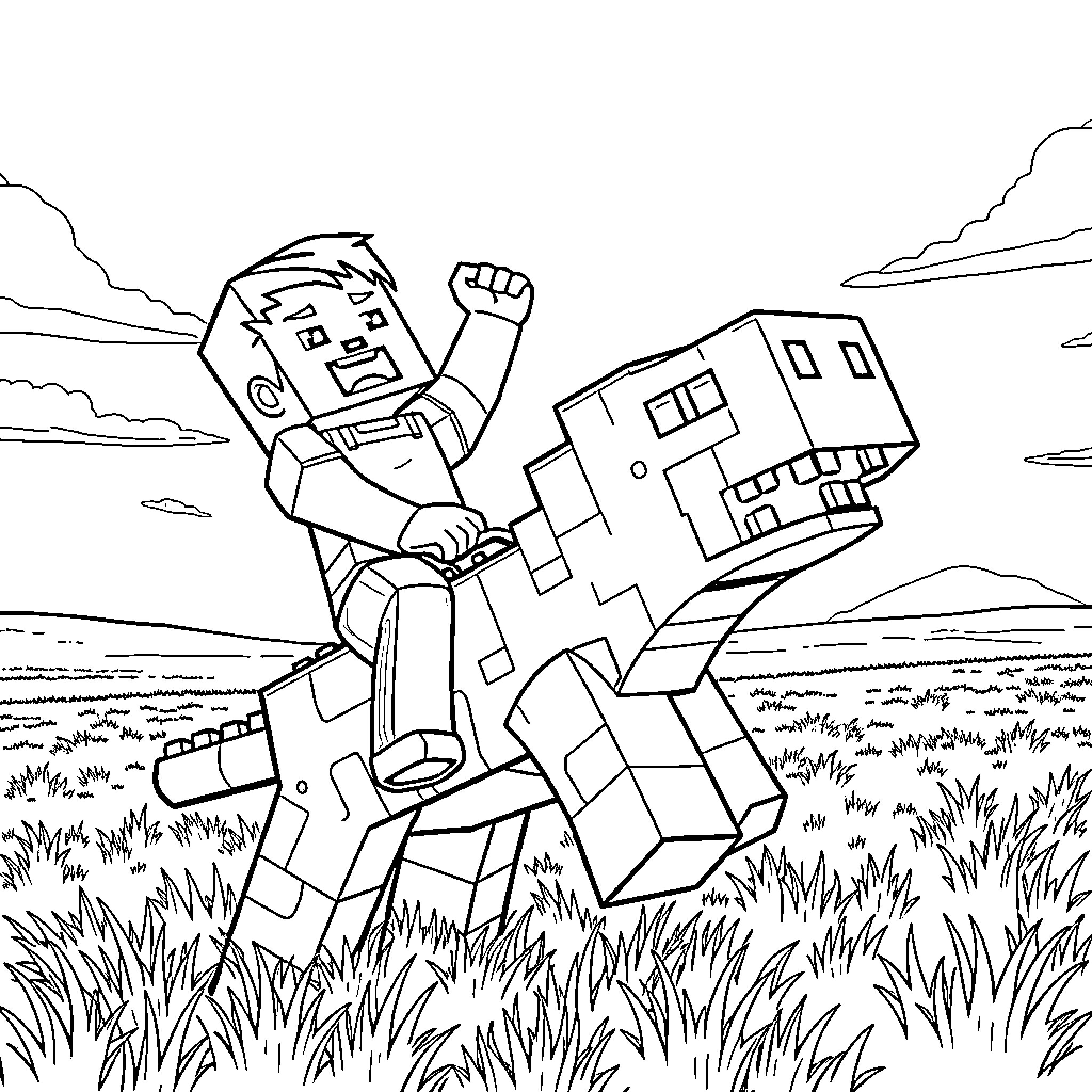 Steve's Heroic Efforts to Save the Village Coloring Page (free black-and-white line drawing printable PDF for all, from beginners to advanced learners, including children, teens, adults, and seniors)