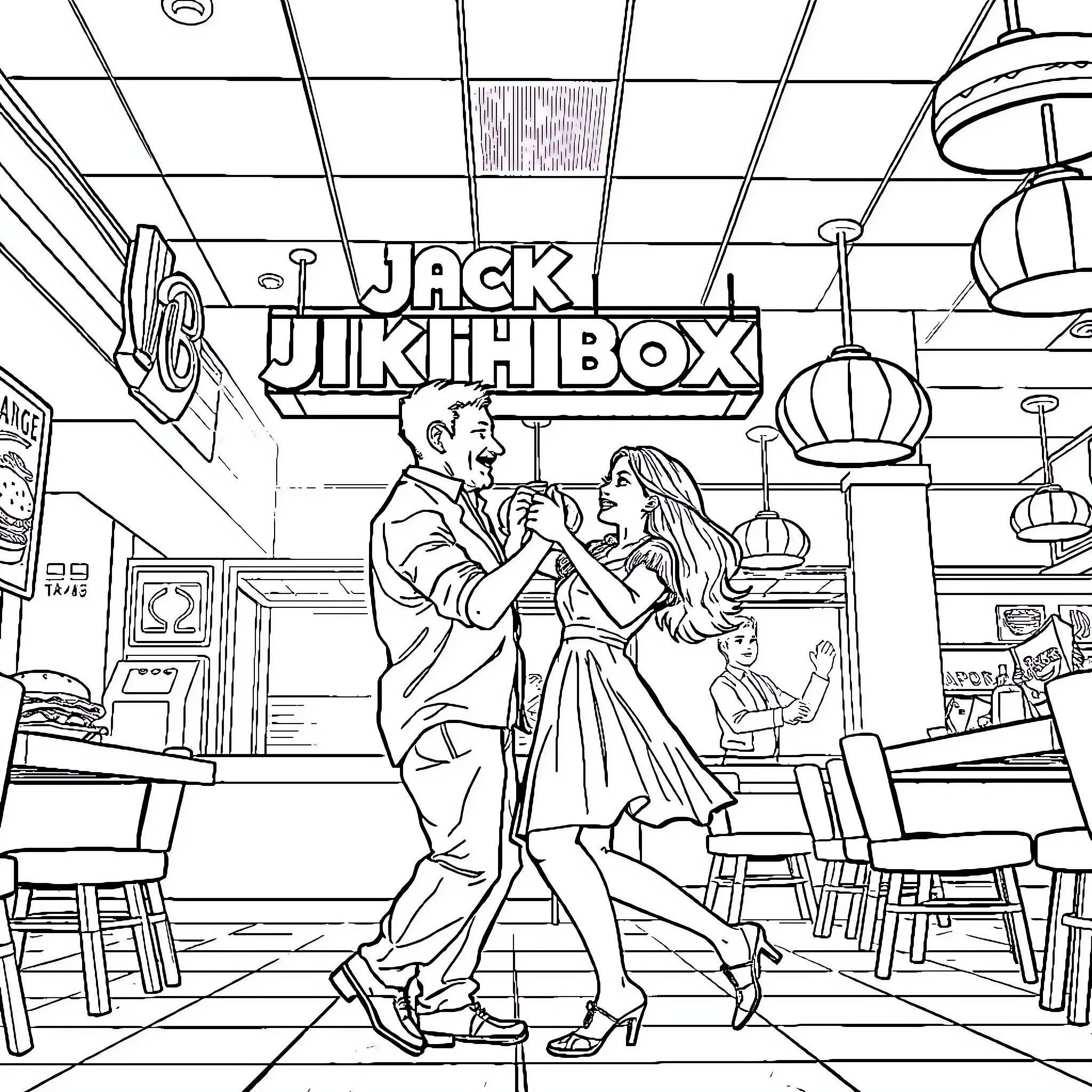 Couple dancing together in a lively diner Coloring Page (free black-and-white line drawing printable PDF for all, from beginners to advanced learners, including children, teens, adults, and seniors)