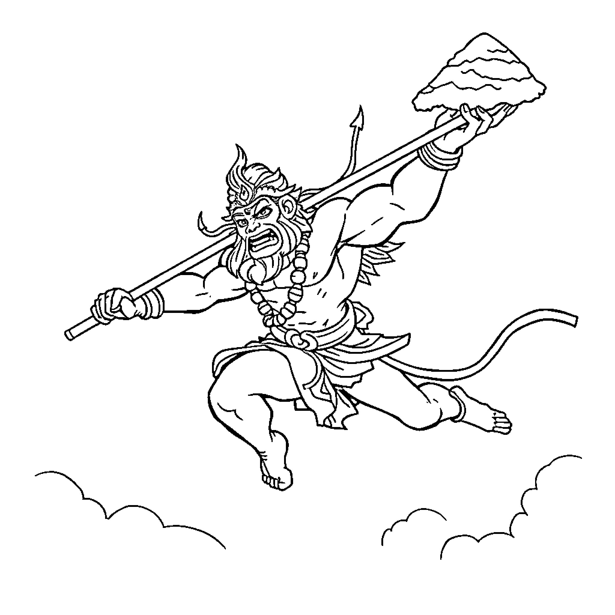 Hanuman the Mighty Monkey God Wielding His Weapon Coloring Page (free black-and-white line drawing printable PDF for all, from beginners to advanced learners, including children, teens, adults, and seniors)