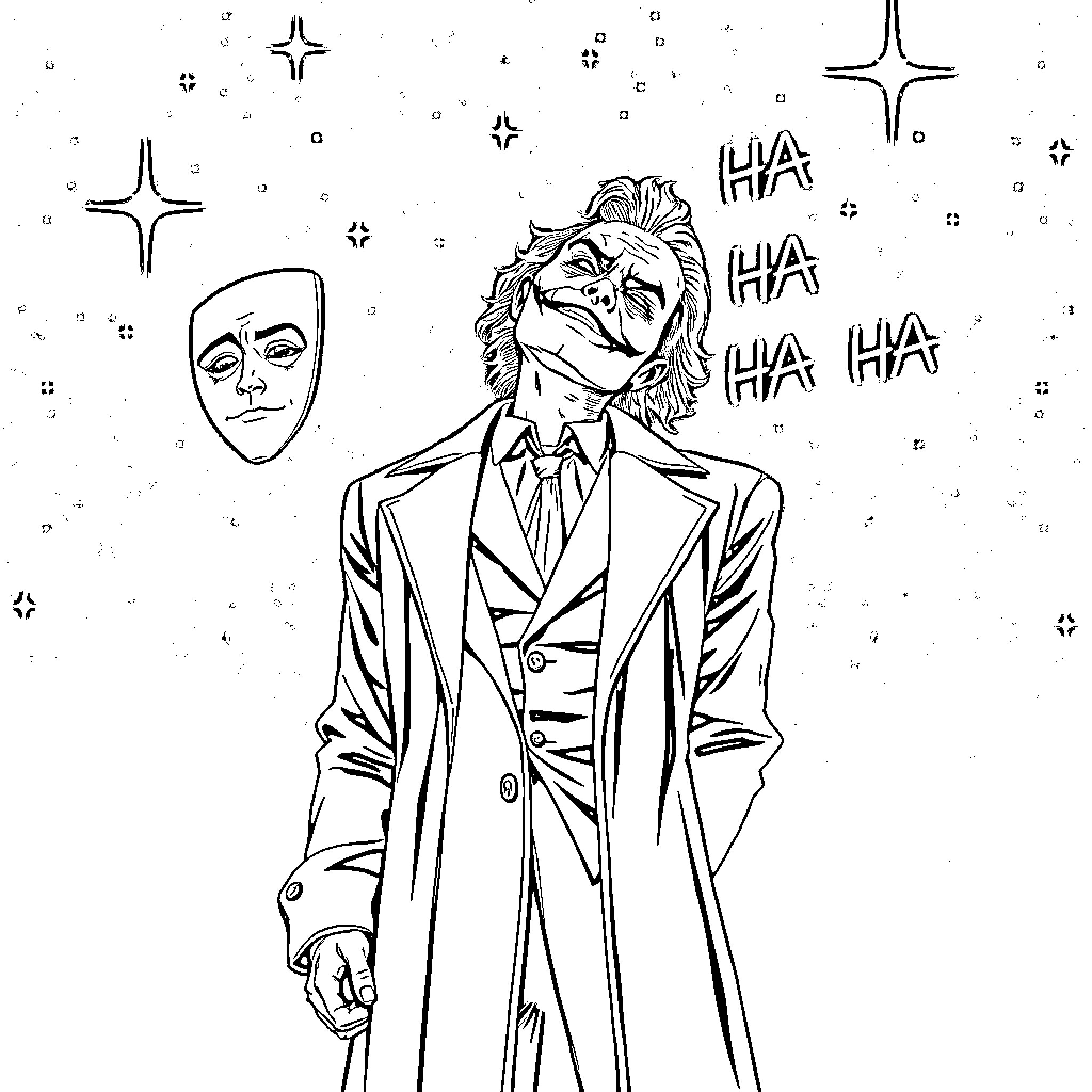 Joker's Sinister Laughter Echoes Through the Night Coloring Page (free black-and-white line drawing printable PDF for all, from beginners to advanced learners, including children, teens, adults, and seniors)