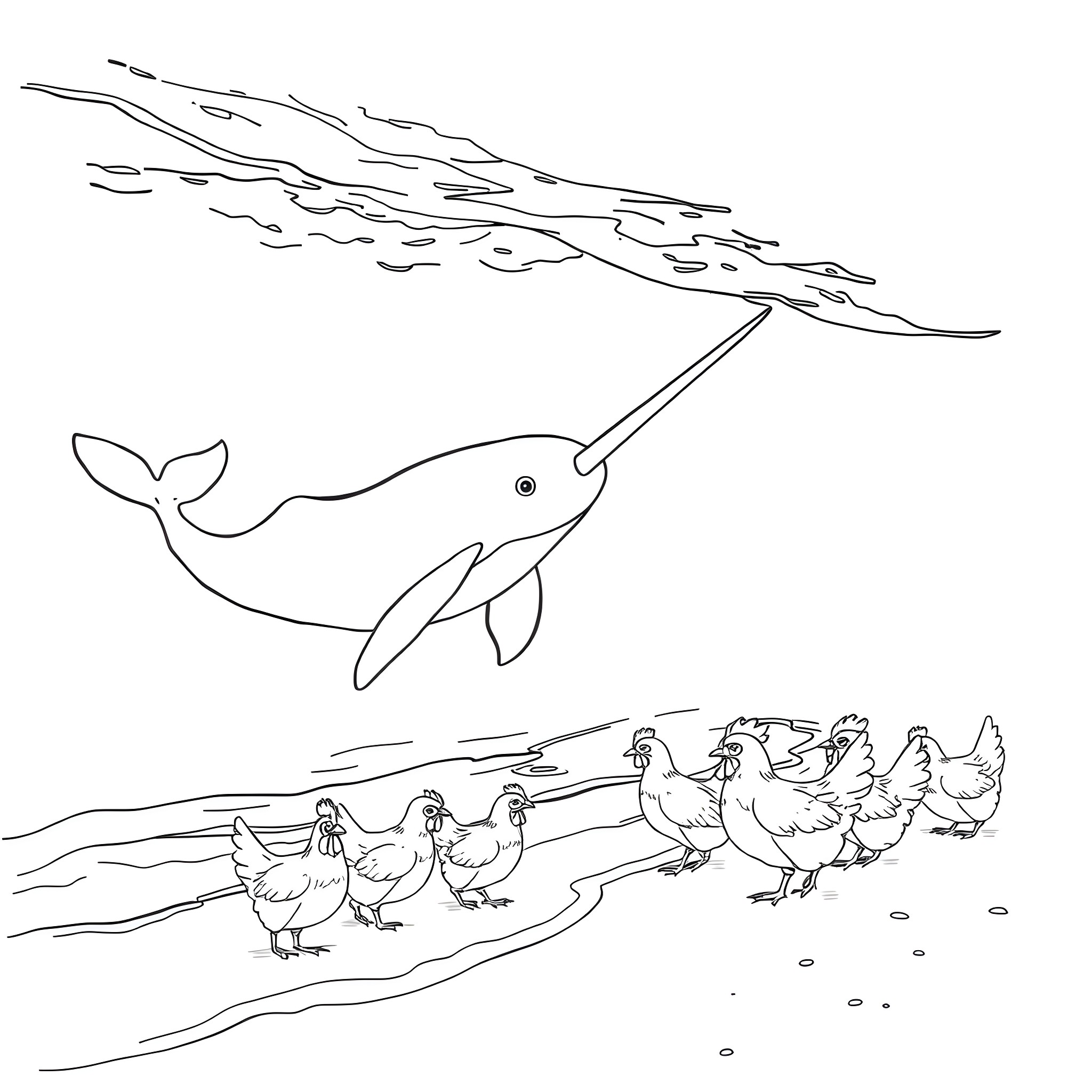 Narwhal swimming gracefully above chickens on the shore Coloring Page (free black-and-white line drawing printable PDF for all, from beginners to advanced learners, including children, teens, adults, and seniors)