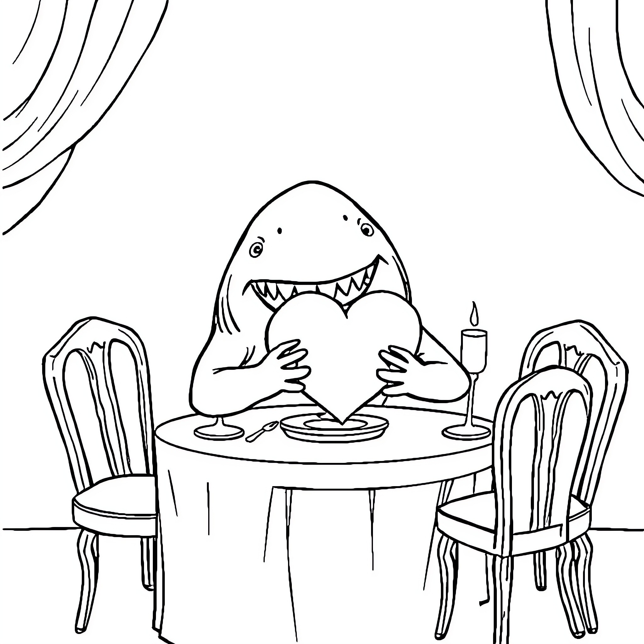 Shark enjoying a romantic dinner Coloring Page (free black-and-white line drawing printable PDF for all, from beginners to advanced learners, including children, teens, adults, and seniors)