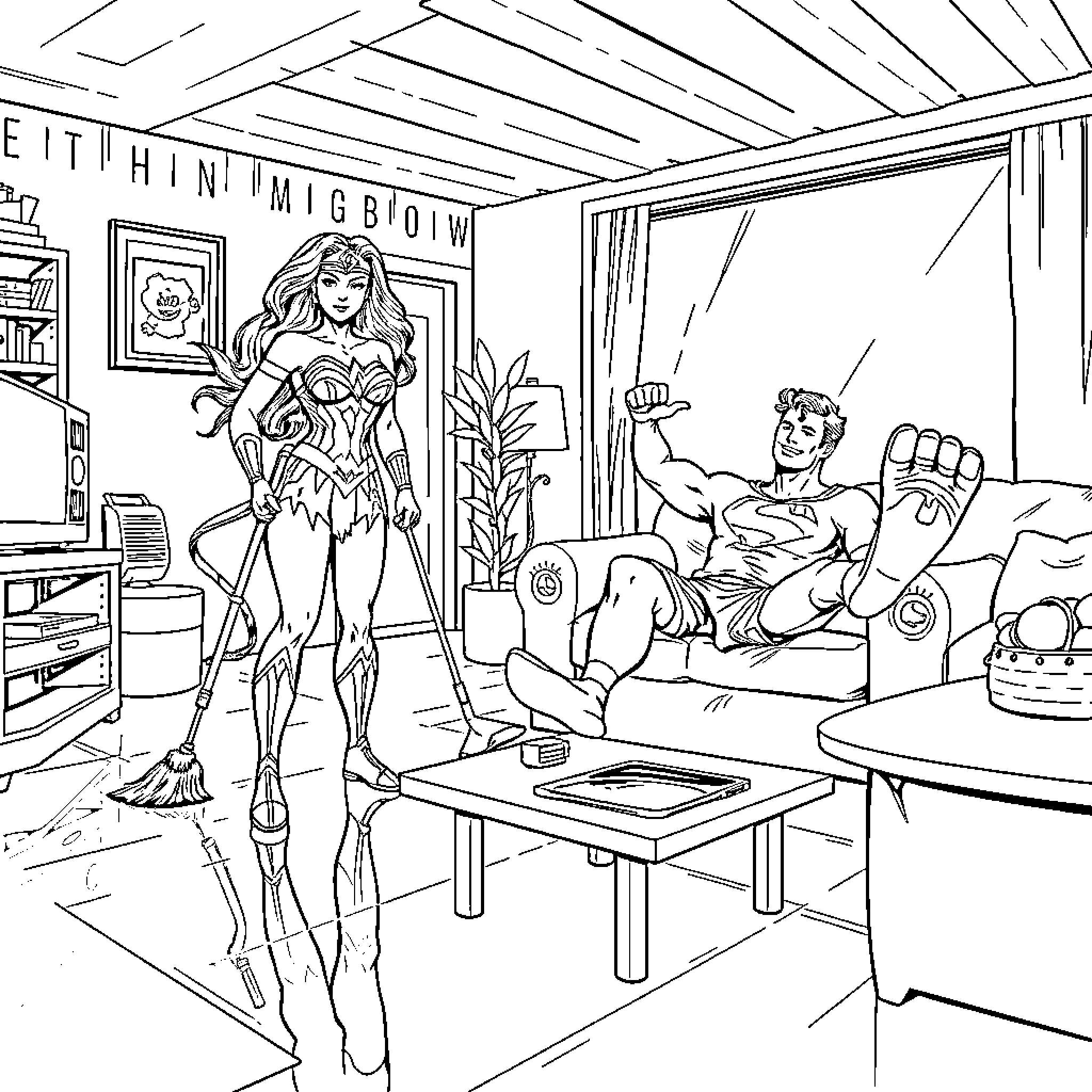 Wonder Woman's Heroic Duty in Action Coloring Page (free black-and-white line drawing printable PDF for all, from beginners to advanced learners, including children, teens, adults, and seniors)