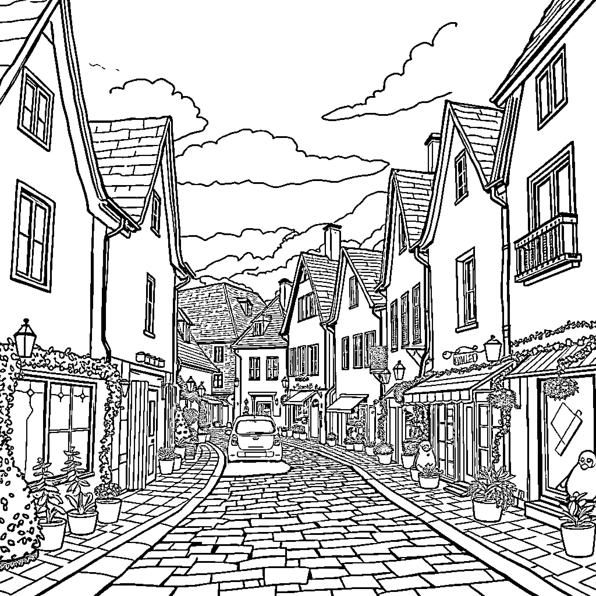 Mollet street scene with quaint houses and shops Coloring Page (free black-and-white line drawing printable PDF for all, from beginners to advanced learners, including children, teens, adults, and seniors)