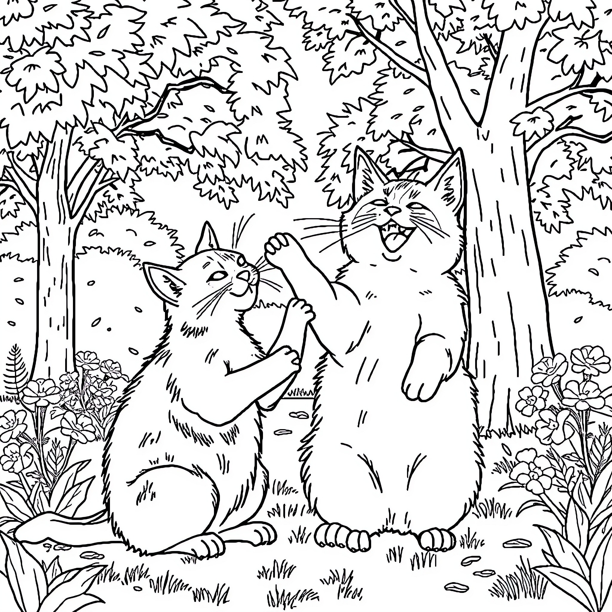 Cat and Dog Playing Happily in the Forest Coloring Page (free black-and-white line drawing printable PDF for all, from beginners to advanced learners, including children, teens, adults, and seniors)