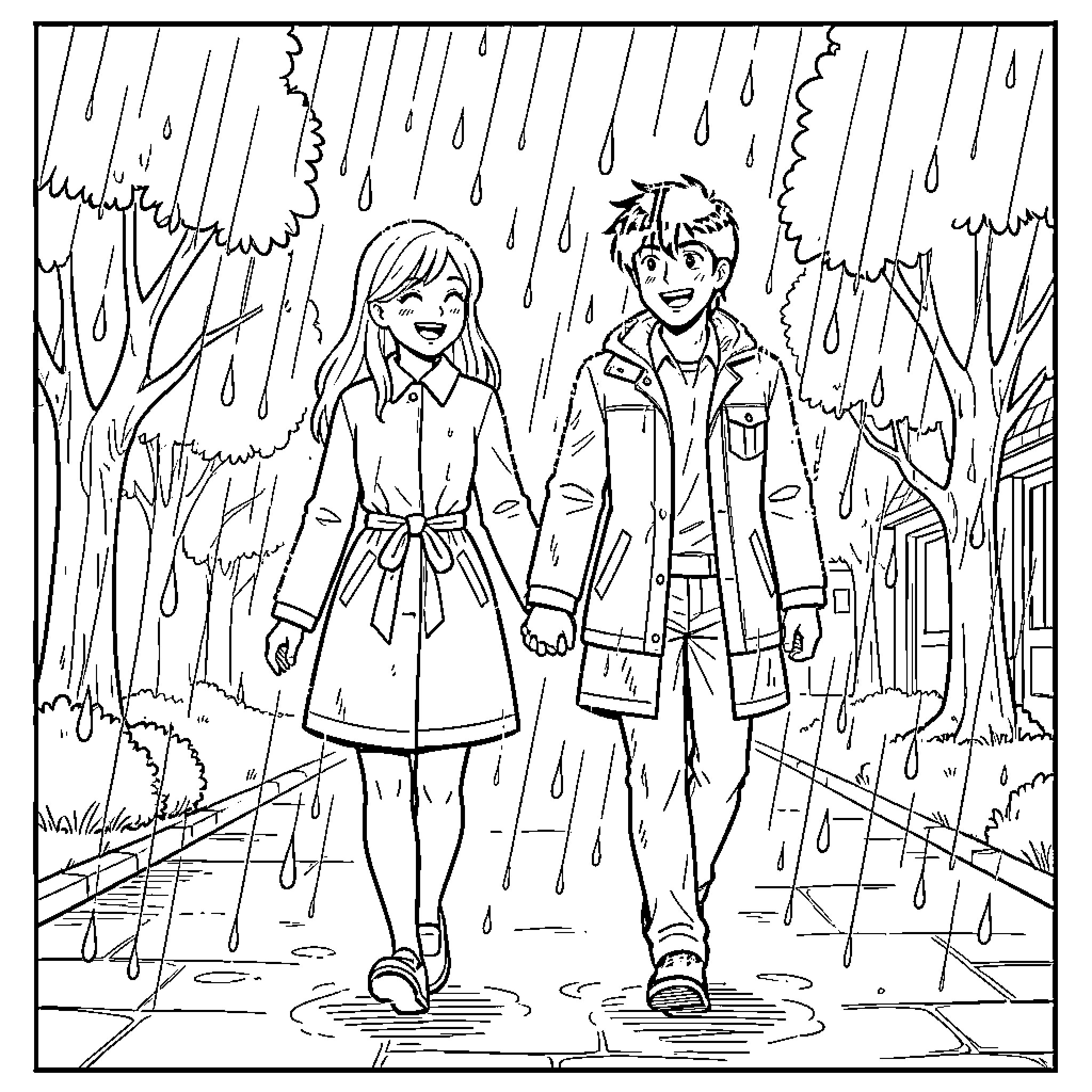 Serena holding hands with a friend in the rain Coloring Page (free black-and-white line drawing printable PDF for all, from beginners to advanced learners, including children, teens, adults, and seniors)