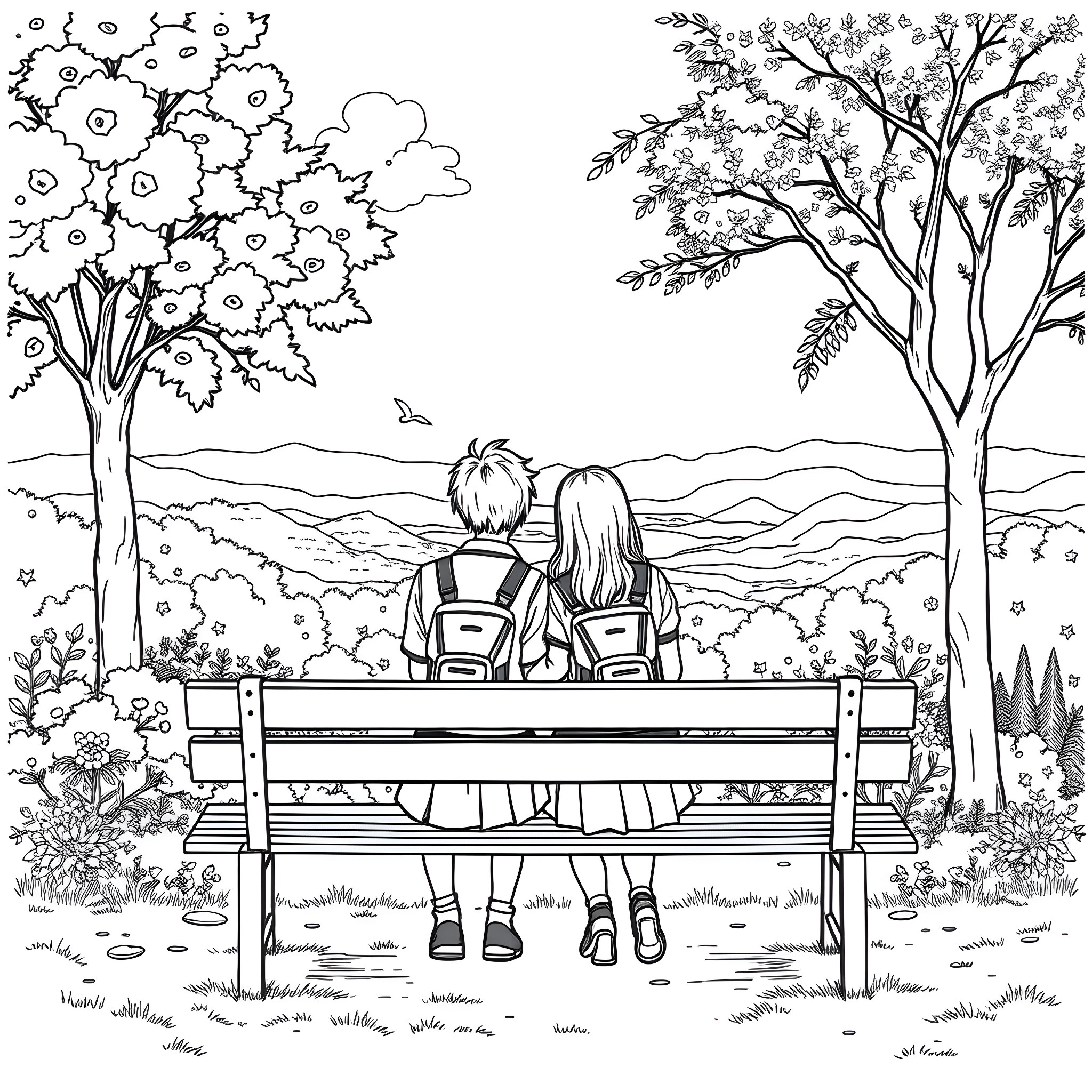 Couple enjoying peaceful moment on park bench Coloring Page (free black-and-white line drawing printable PDF for all, from beginners to advanced learners, including children, teens, adults, and seniors)