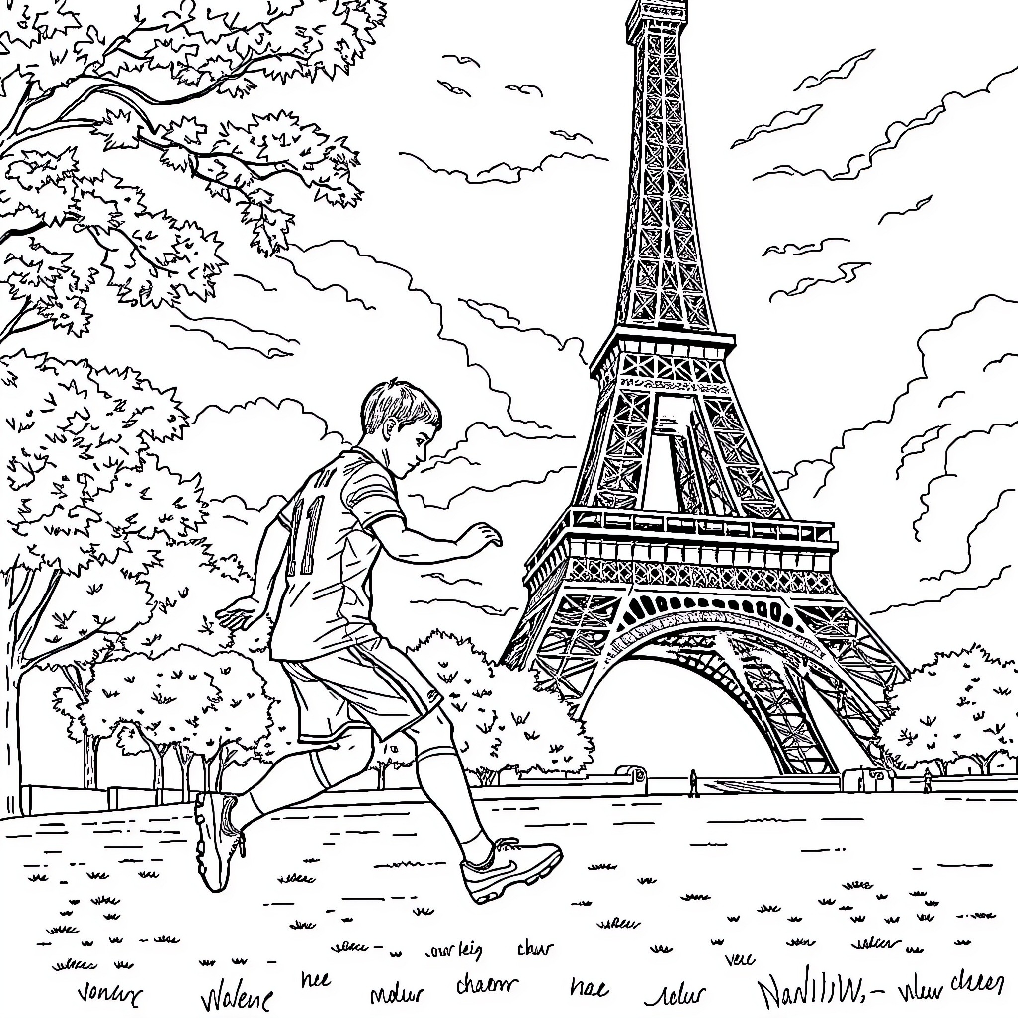 Footballer enjoying a leisurely stroll near the Eiffel Tower Coloring Page (free black-and-white line drawing printable PDF for all, from beginners to advanced learners, including children, teens, adults, and seniors)