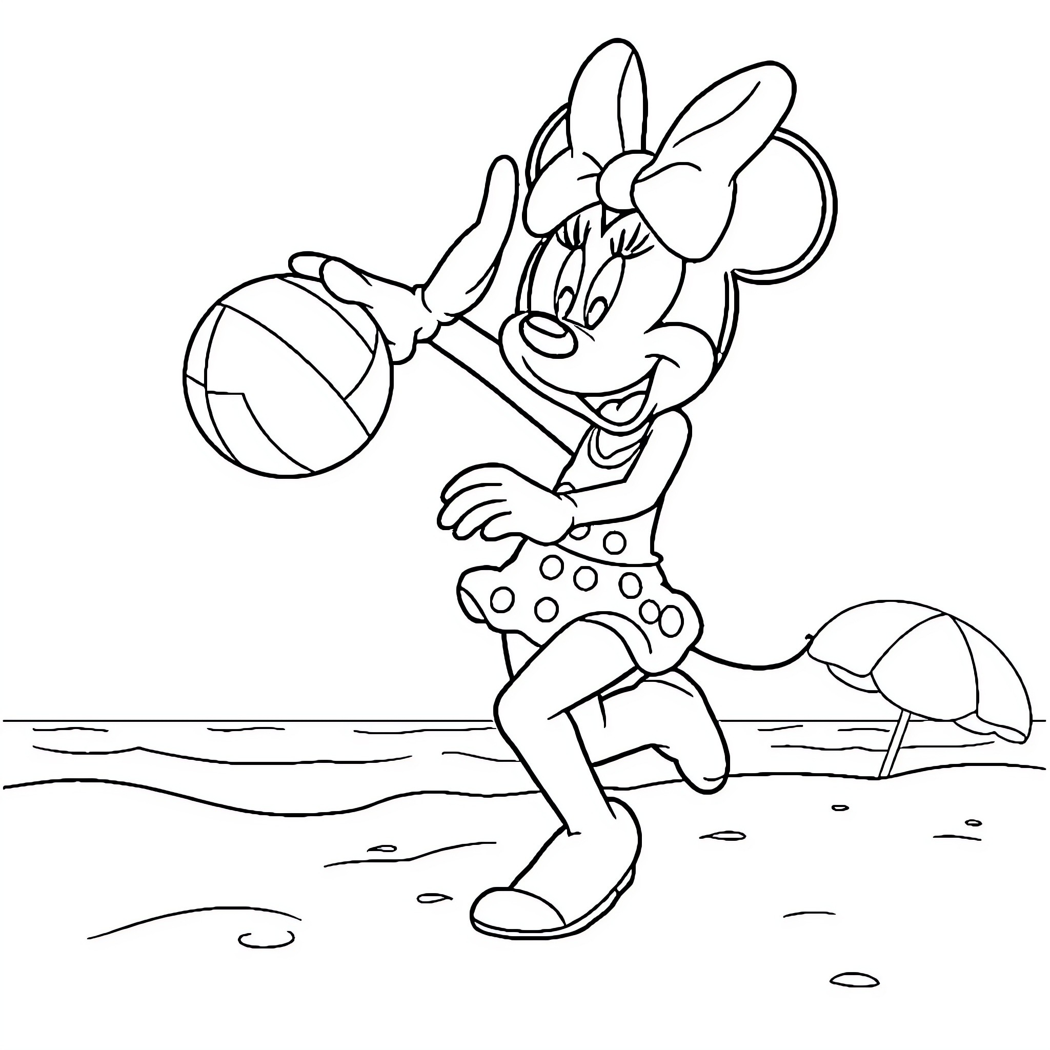 Minnie Mouse playing with beach ball on the shore Coloring Page (free black-and-white line drawing printable PDF for all, from beginners to advanced learners, including children, teens, adults, and seniors)