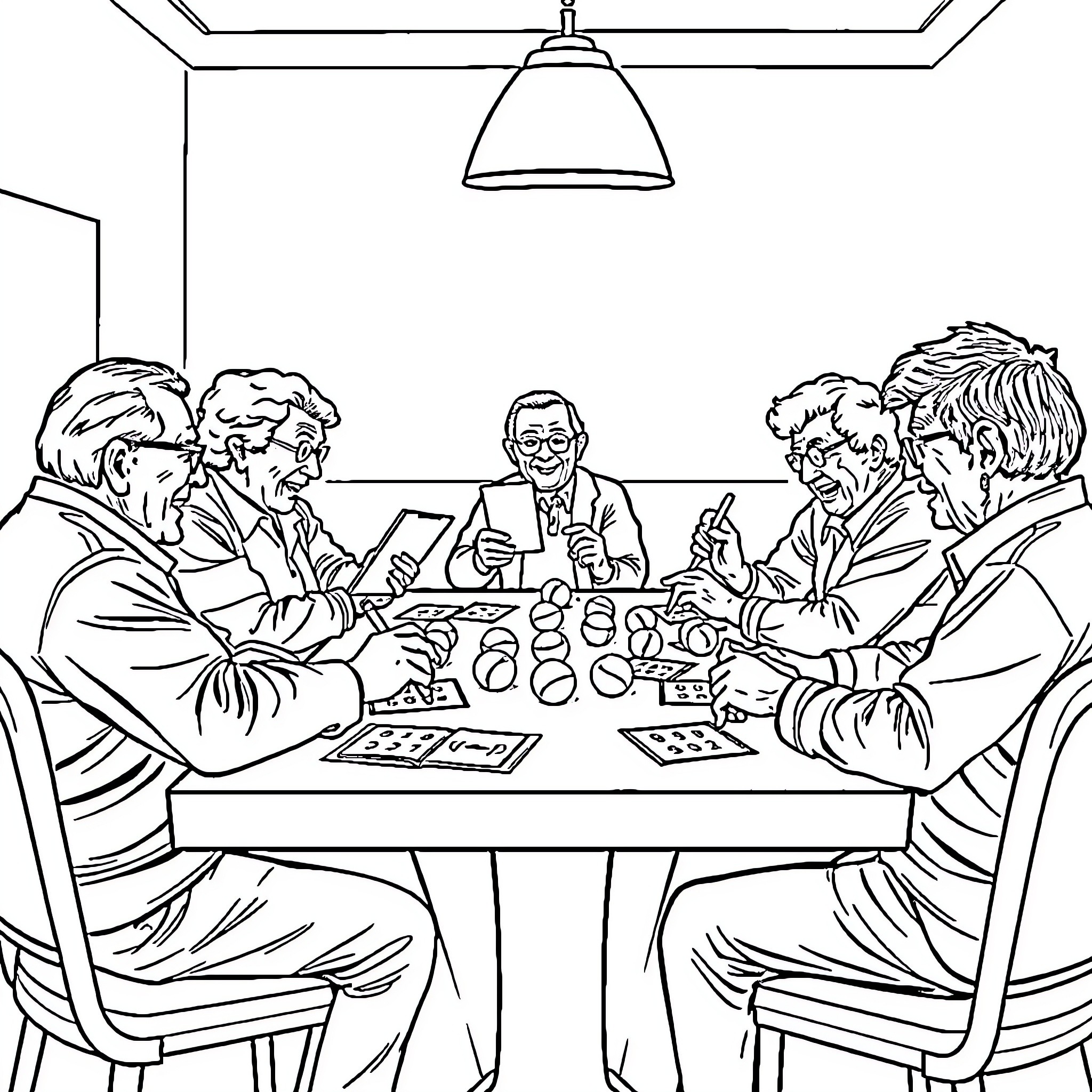Senior Businessmen Engaged in Discussion at Meeting Coloring Page (free black-and-white line drawing printable PDF for all, from beginners to advanced learners, including children, teens, adults, and seniors)