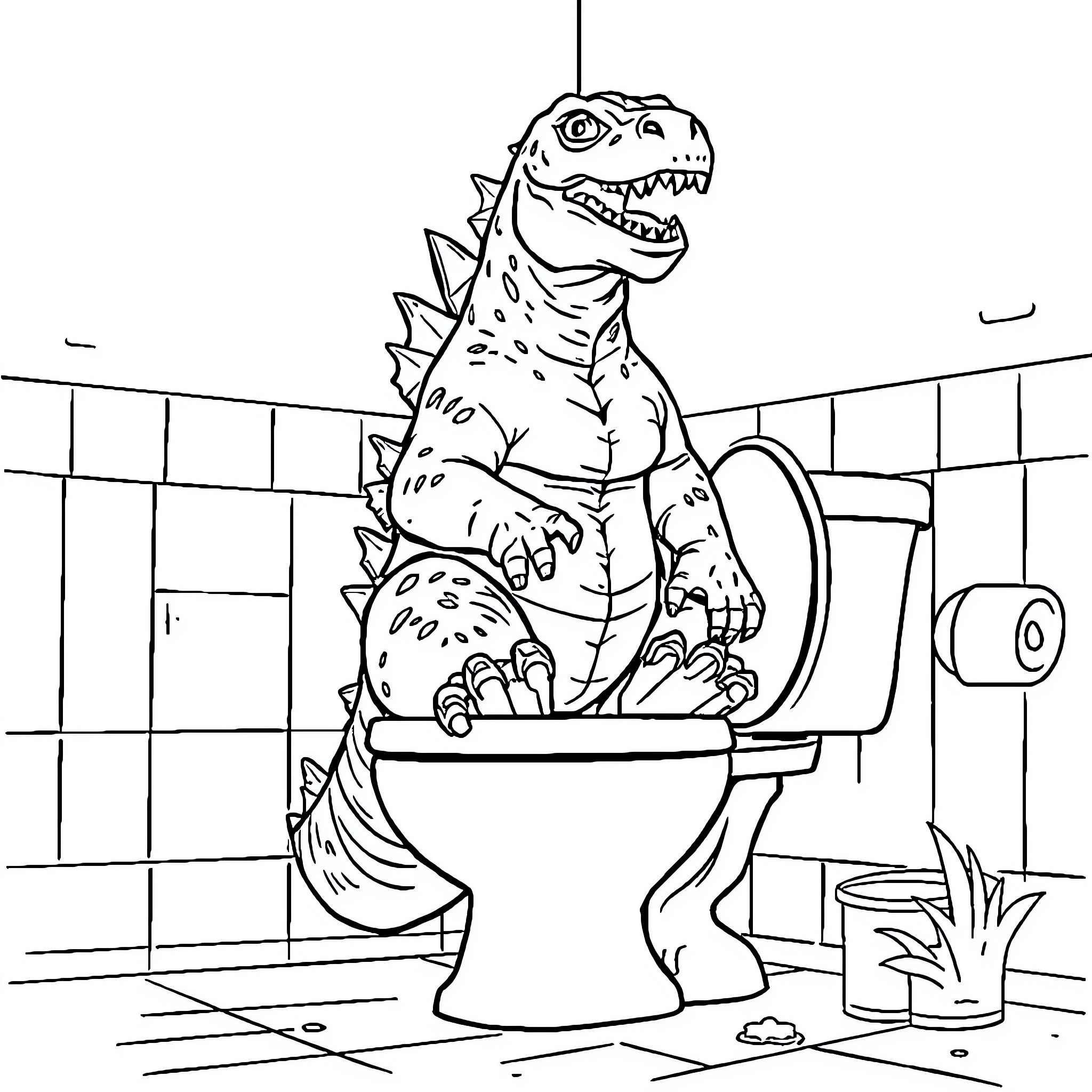 Godzilla using the restroom in a tiled bathroom Coloring Page (free black-and-white line drawing printable PDF for all, from beginners to advanced learners, including children, teens, adults, and seniors)