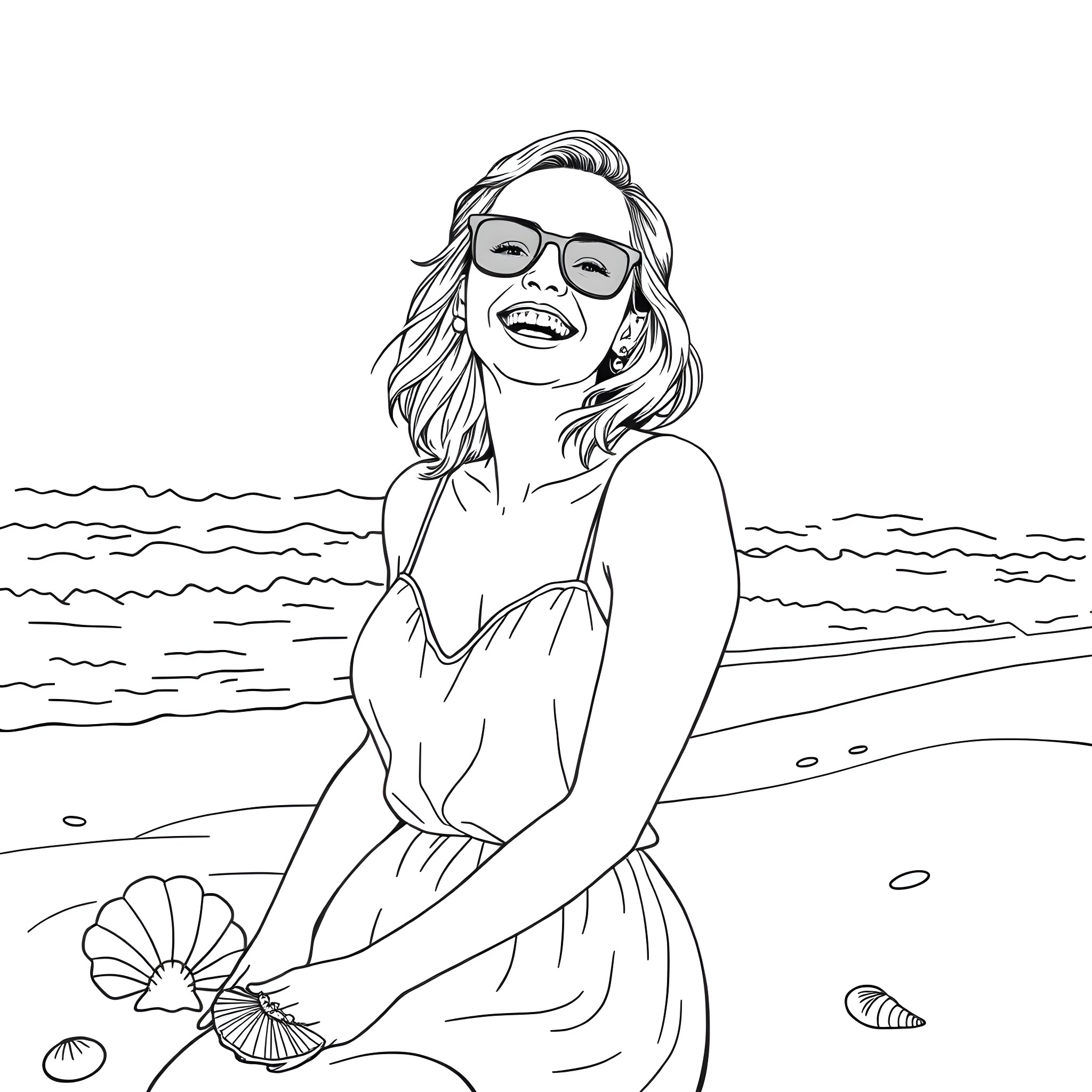 Emma Watson smiling happily on the beach Coloring Page (free black-and-white line drawing printable PDF for all, from beginners to advanced learners, including children, teens, adults, and seniors)