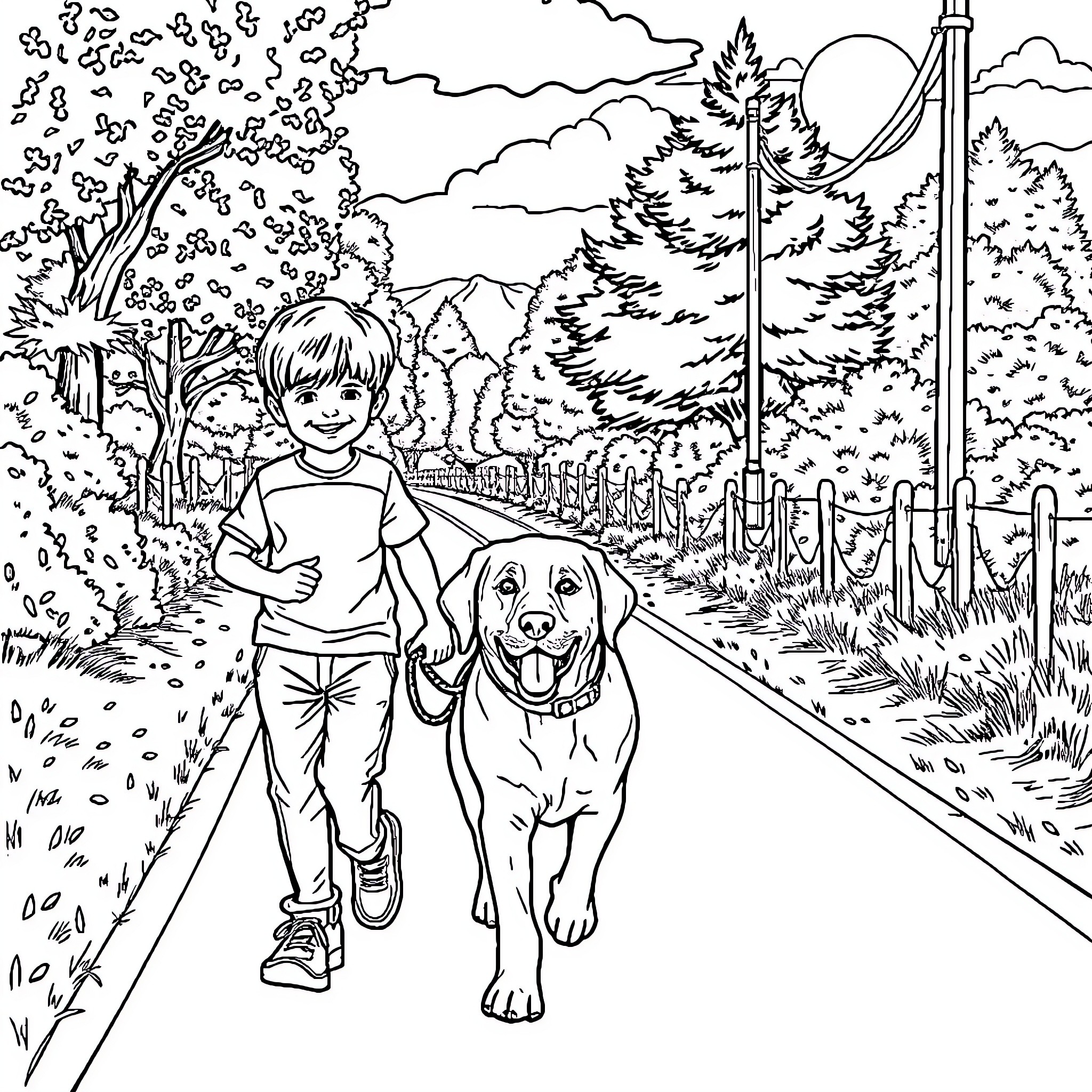 Boy walking with his dog on a forest path Coloring Page (free black-and-white line drawing printable PDF for all, from beginners to advanced learners, including children, teens, adults, and seniors)