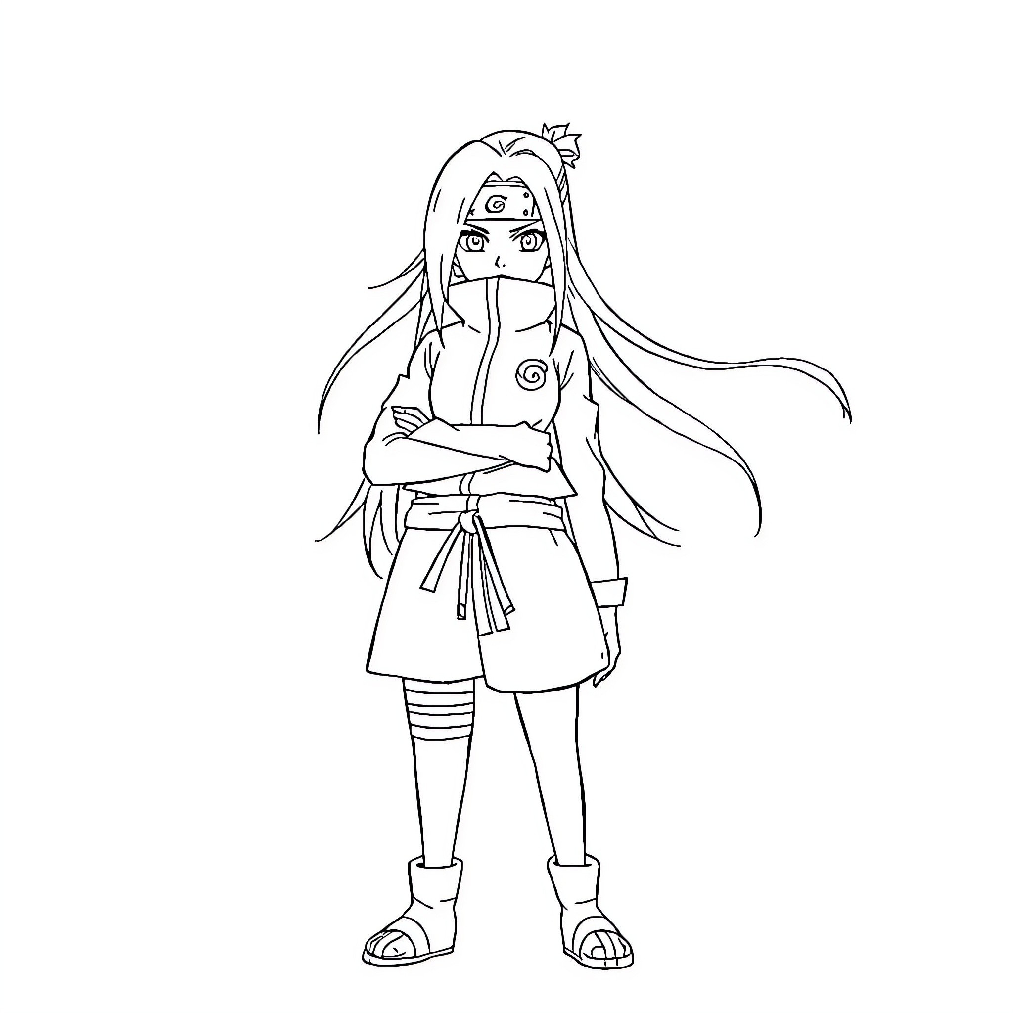 Sakura-themed anime character in contemplative pose Coloring Page (free black-and-white line drawing printable PDF for all, from beginners to advanced learners, including children, teens, adults, and seniors)