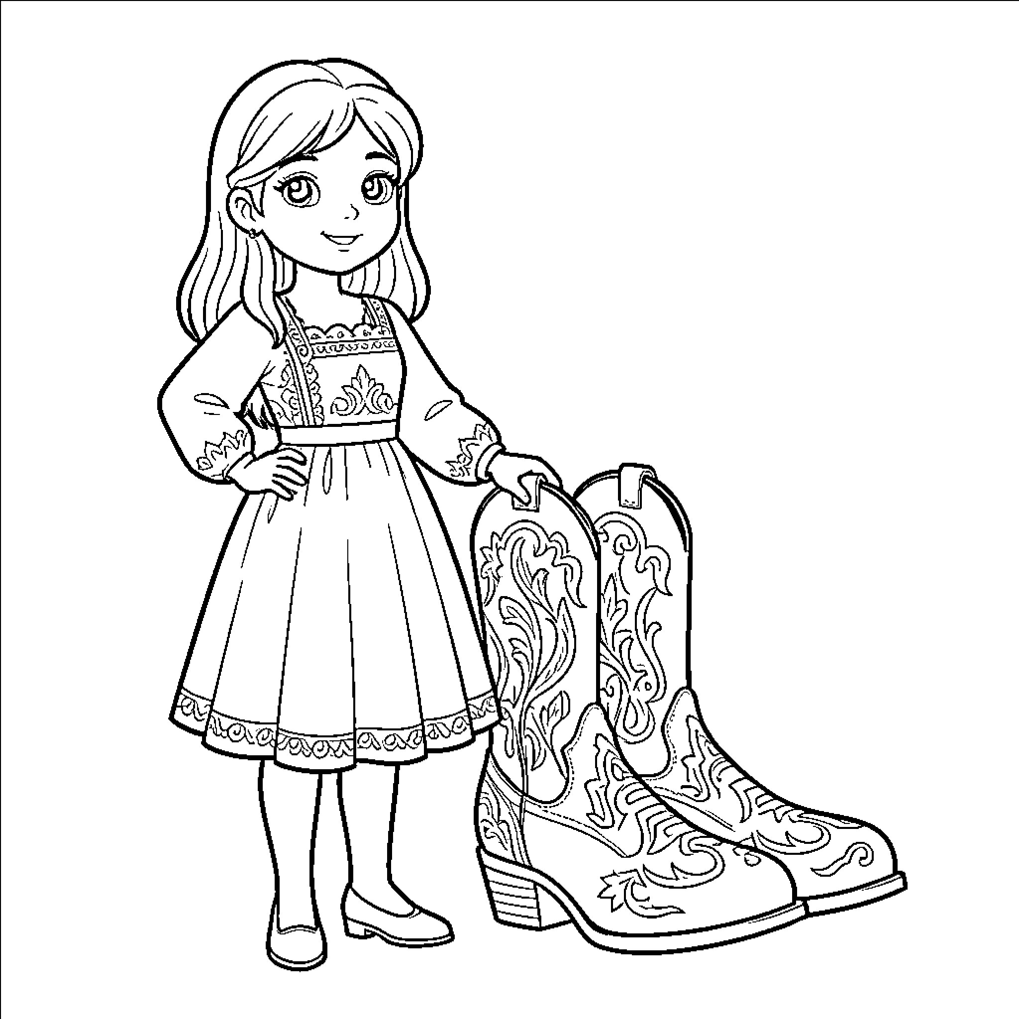 Sofia exploring in her favorite boots Coloring Page (free black-and-white line drawing printable PDF for all, from beginners to advanced learners, including children, teens, adults, and seniors)
