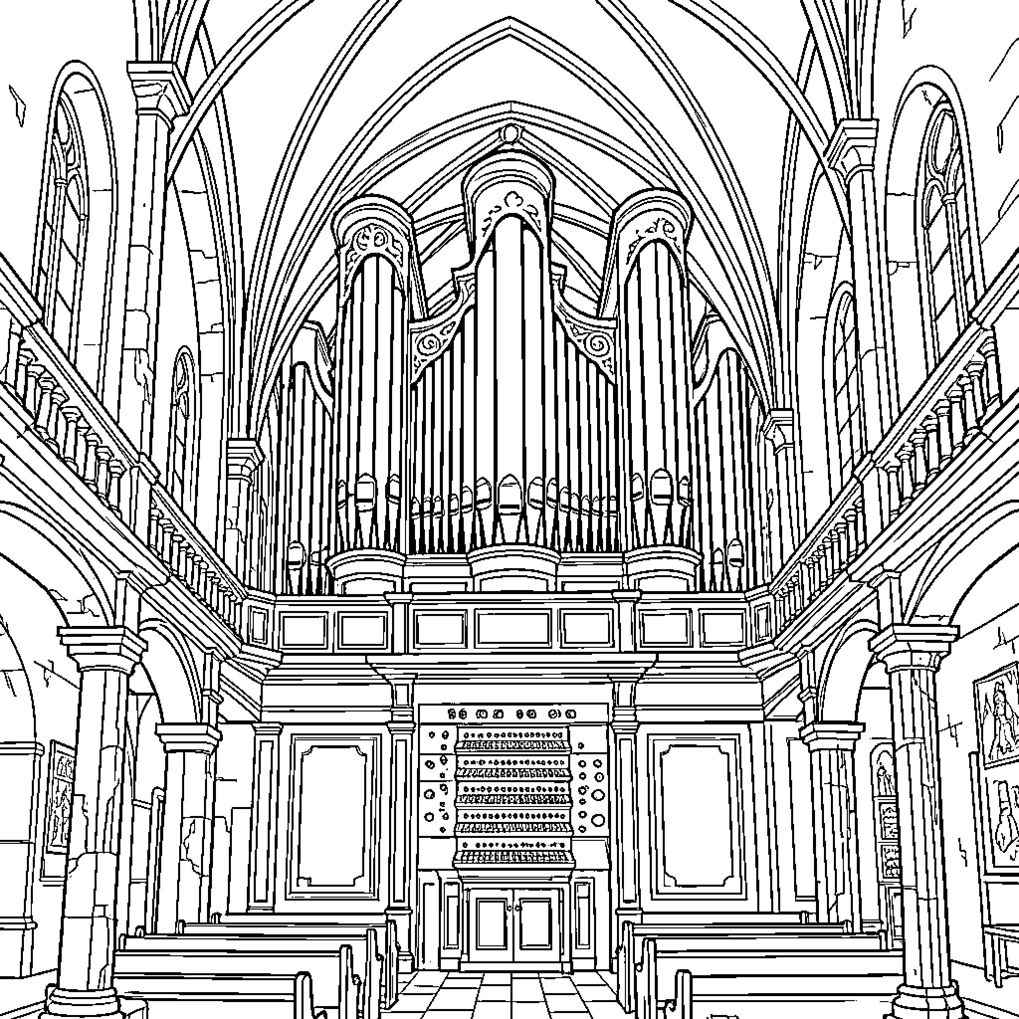 Pipe Organ standing majestically inside a grand cathedral Coloring Page (free black-and-white line drawing printable PDF for all, from beginners to advanced learners, including children, teens, adults, and seniors)