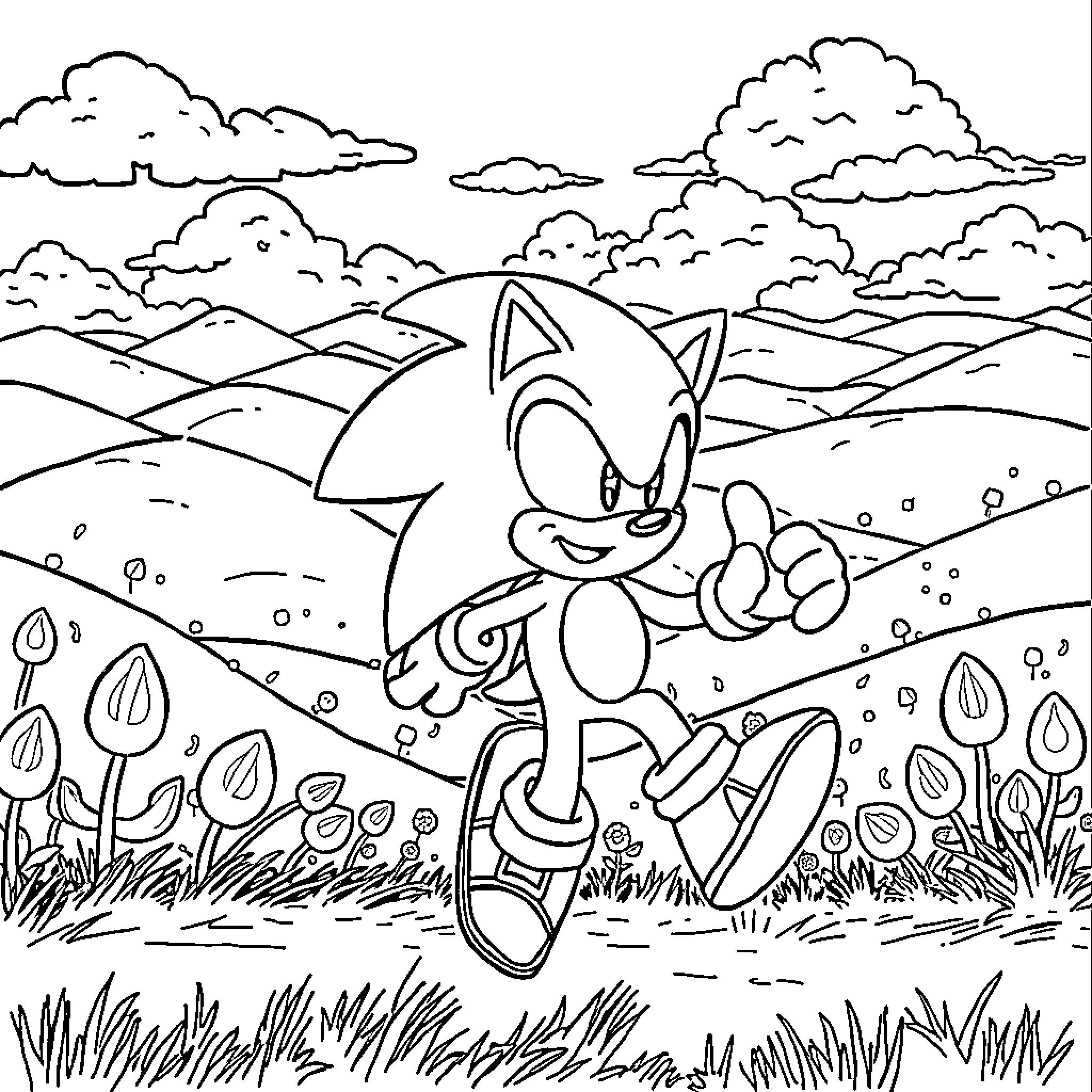 Sonic running through a scenic landscape Coloring Page (free black-and-white line drawing printable PDF for all, from beginners to advanced learners, including children, teens, adults, and seniors)