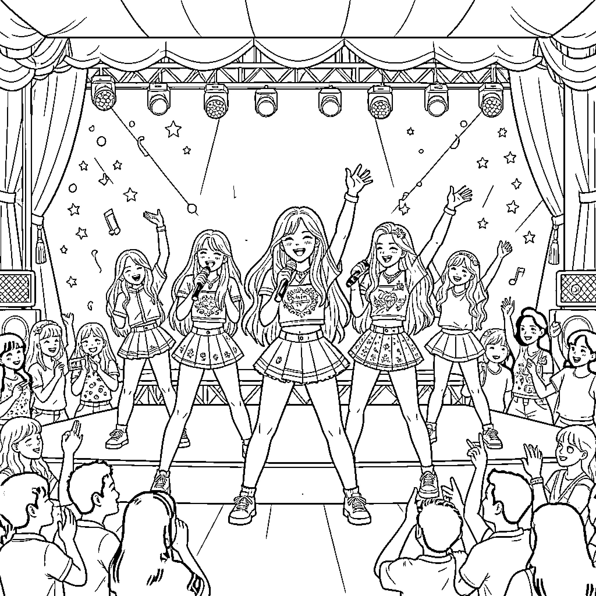 Una Musical Performance on Stage with Cheering Audience Coloring Page (free black-and-white line drawing printable PDF for all, from beginners to advanced learners, including children, teens, adults, and seniors)