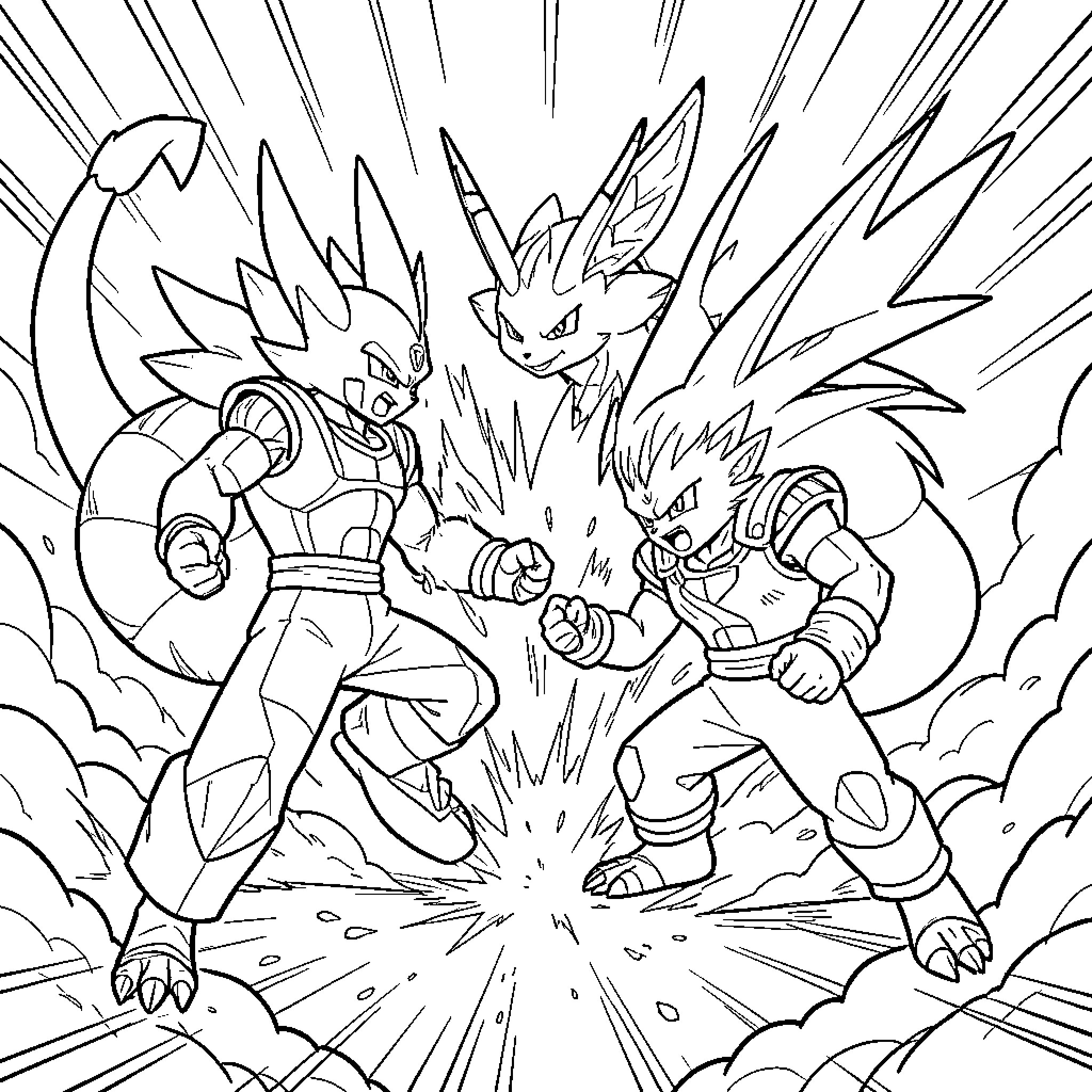 Fusion of two powerful warriors engaged in combat Coloring Page (free black-and-white line drawing printable PDF for all, from beginners to advanced learners, including children, teens, adults, and seniors)