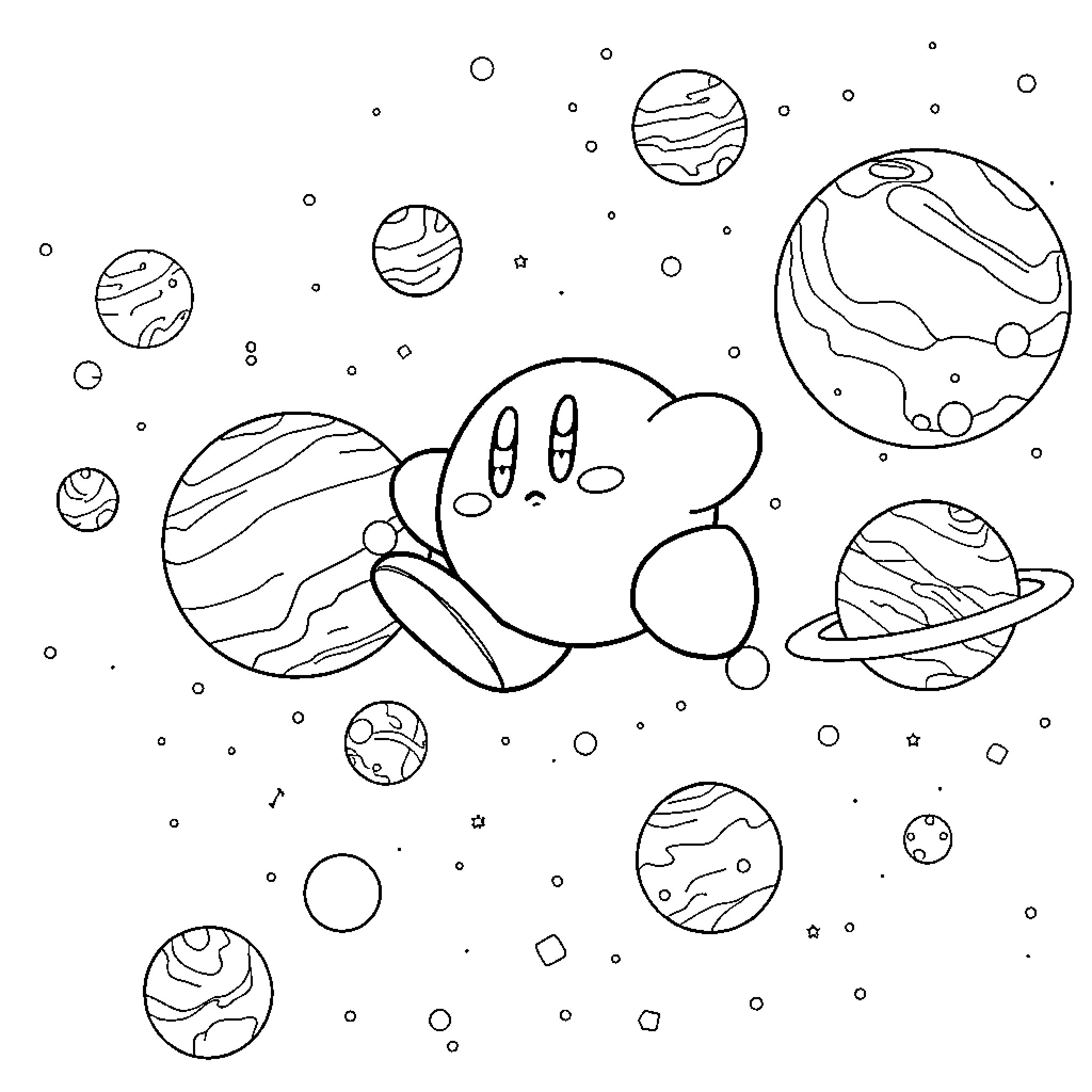 Kirby exploring the cosmos Coloring Page (free black-and-white line drawing printable PDF for all, from beginners to advanced learners, including children, teens, adults, and seniors)