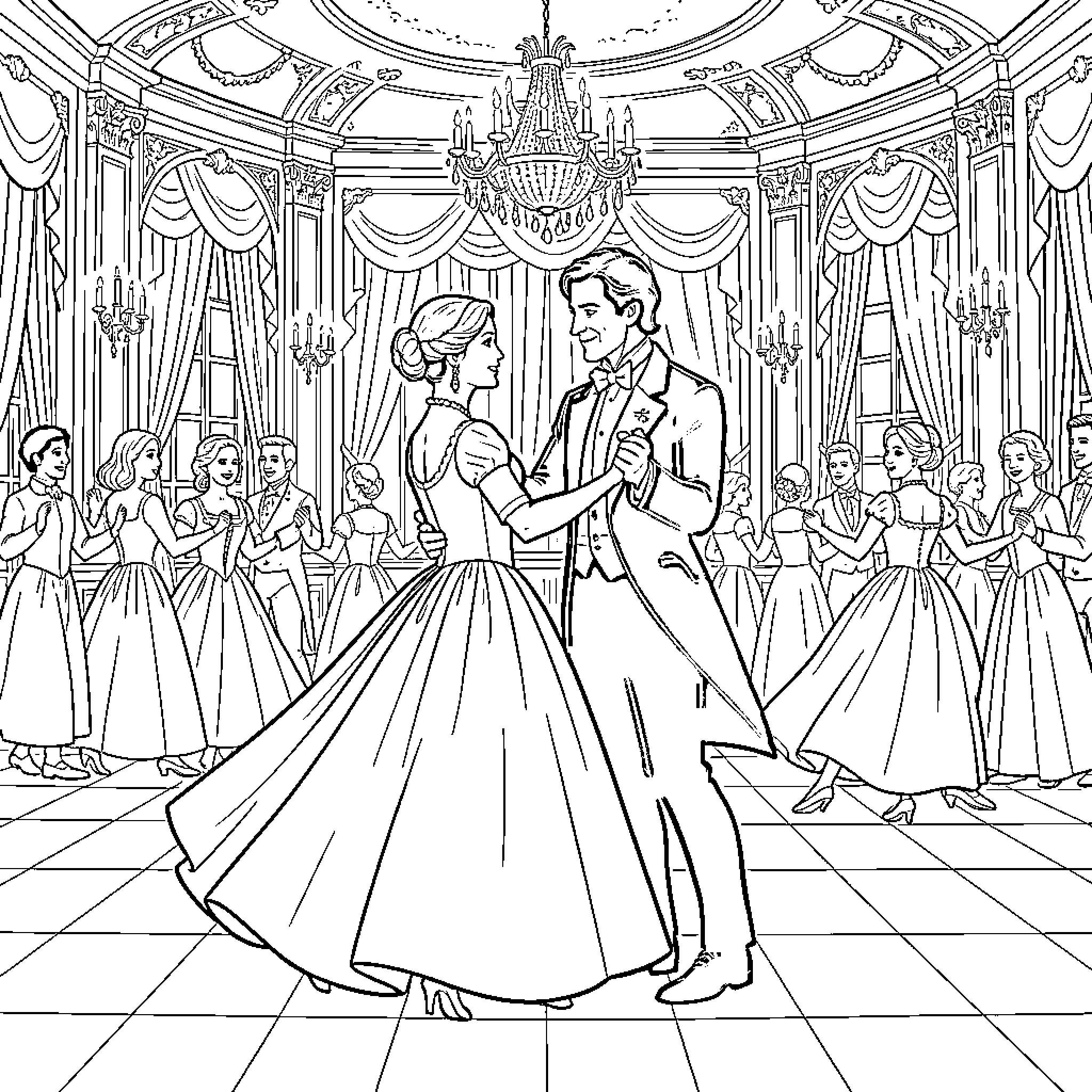 Elizabeth Bennet's Elegant Ball with Darcy Coloring Page (free black-and-white line drawing printable PDF for all, from beginners to advanced learners, including children, teens, adults, and seniors)