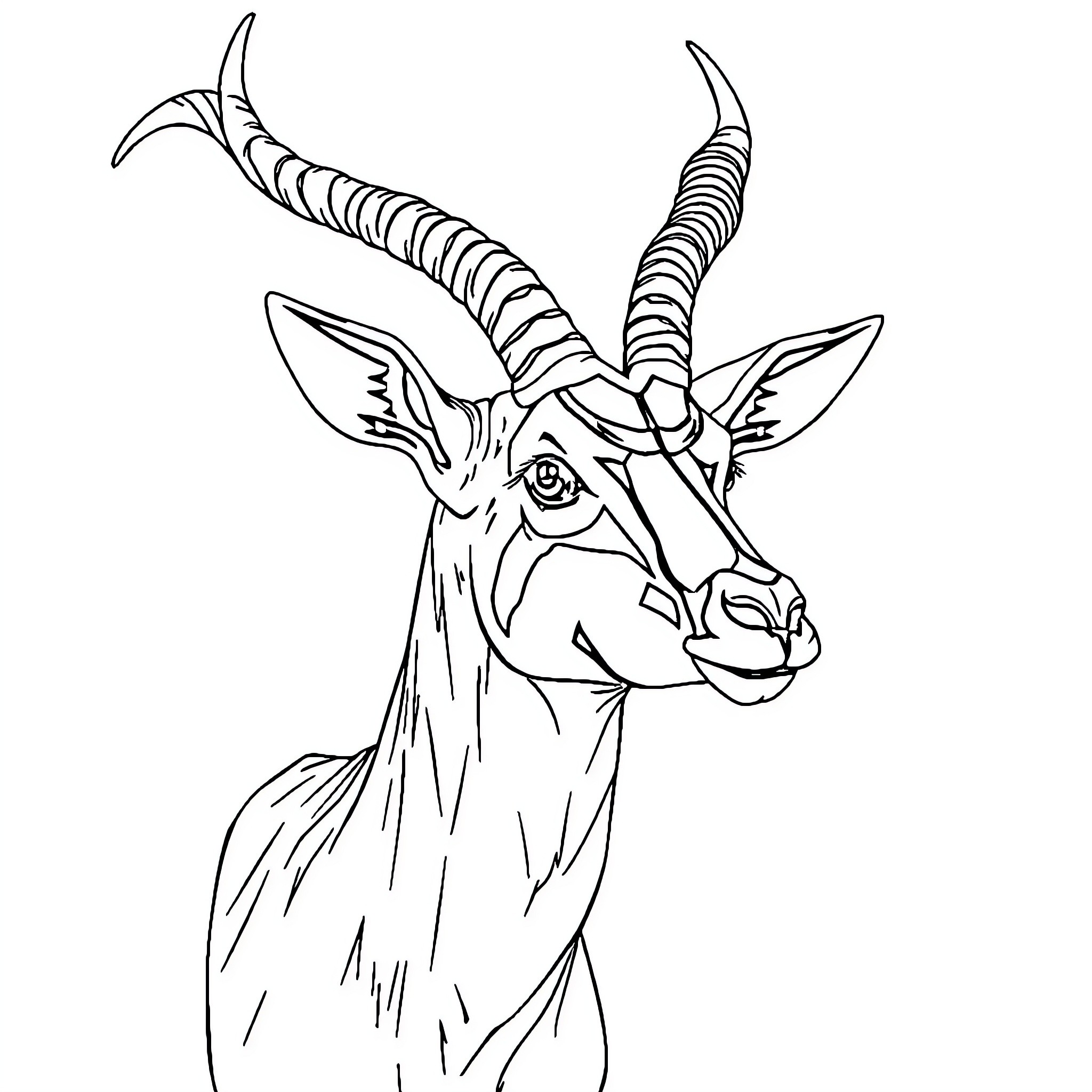 Antelope with detailed horns and expressive features Coloring Page (free black-and-white line drawing printable PDF for all, from beginners to advanced learners, including children, teens, adults, and seniors)