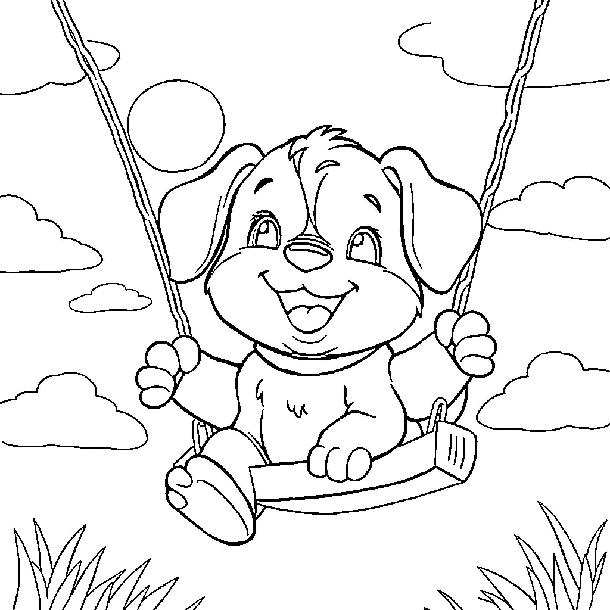 Cinnamonroll playing happily on a swing outdoors Coloring Page (free black-and-white line drawing printable PDF for all, from beginners to advanced learners, including children, teens, adults, and seniors)
