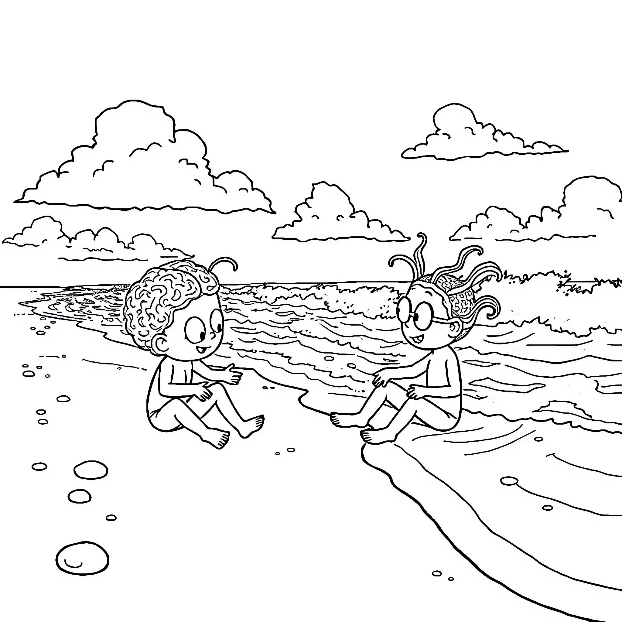 Brainrot Beach Antics Coloring Page (free black-and-white line drawing printable PDF for all, from beginners to advanced learners, including children, teens, adults, and seniors)