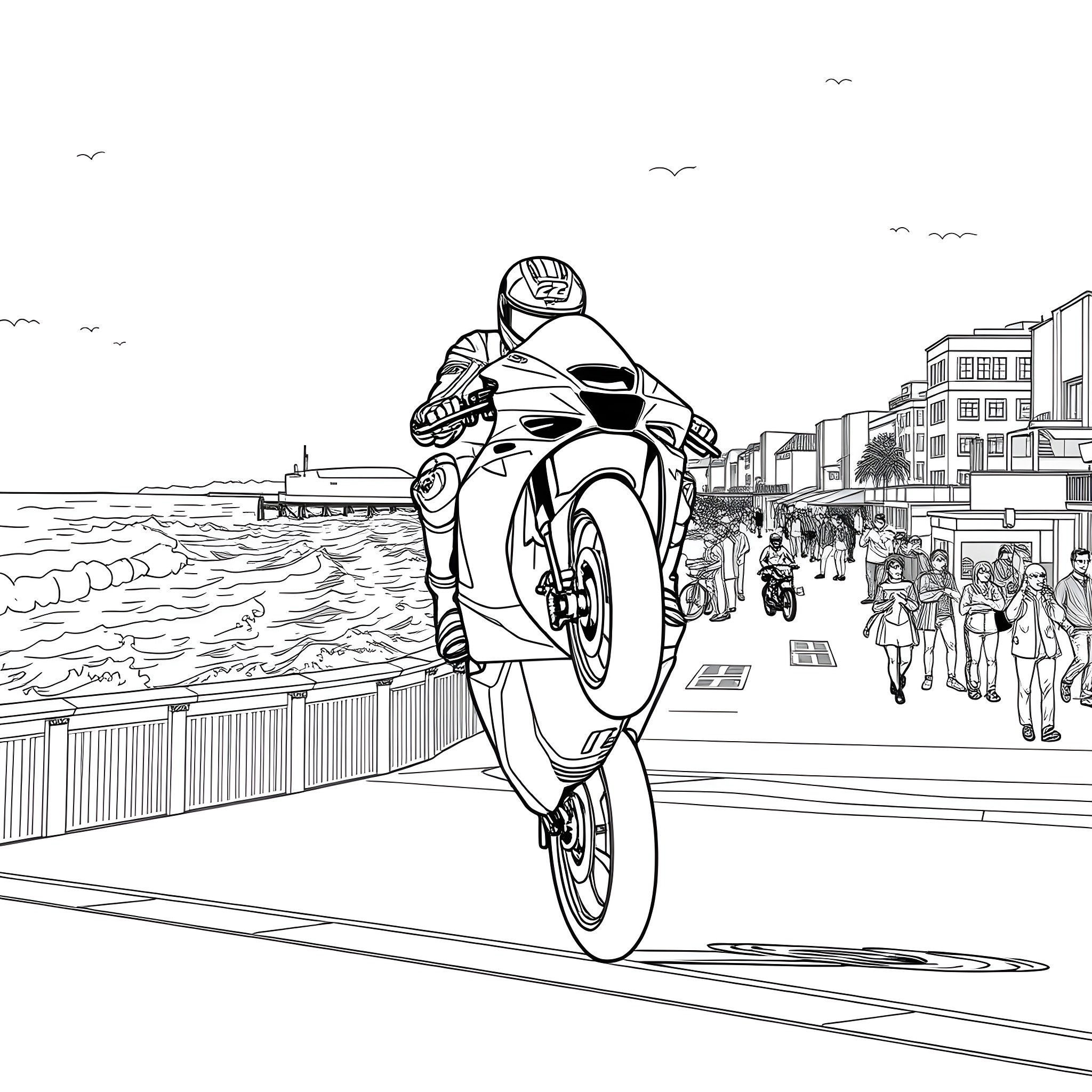Valentino Rossi Racing Through City Streets Coloring Page (free black-and-white line drawing printable PDF for all, from beginners to advanced learners, including children, teens, adults, and seniors)