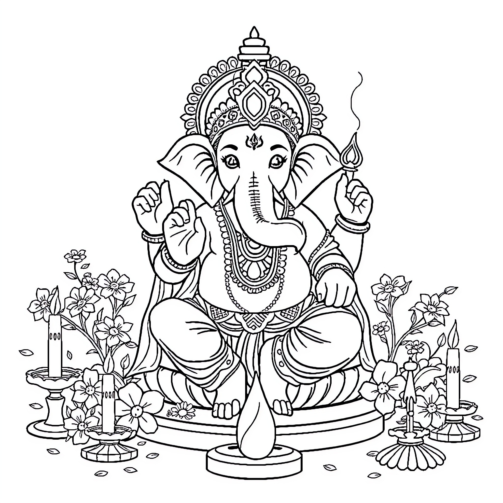 Ganesh seated amidst floral decorations Coloring Page (free black-and-white line drawing printable PDF for all, from beginners to advanced learners, including children, teens, adults, and seniors)