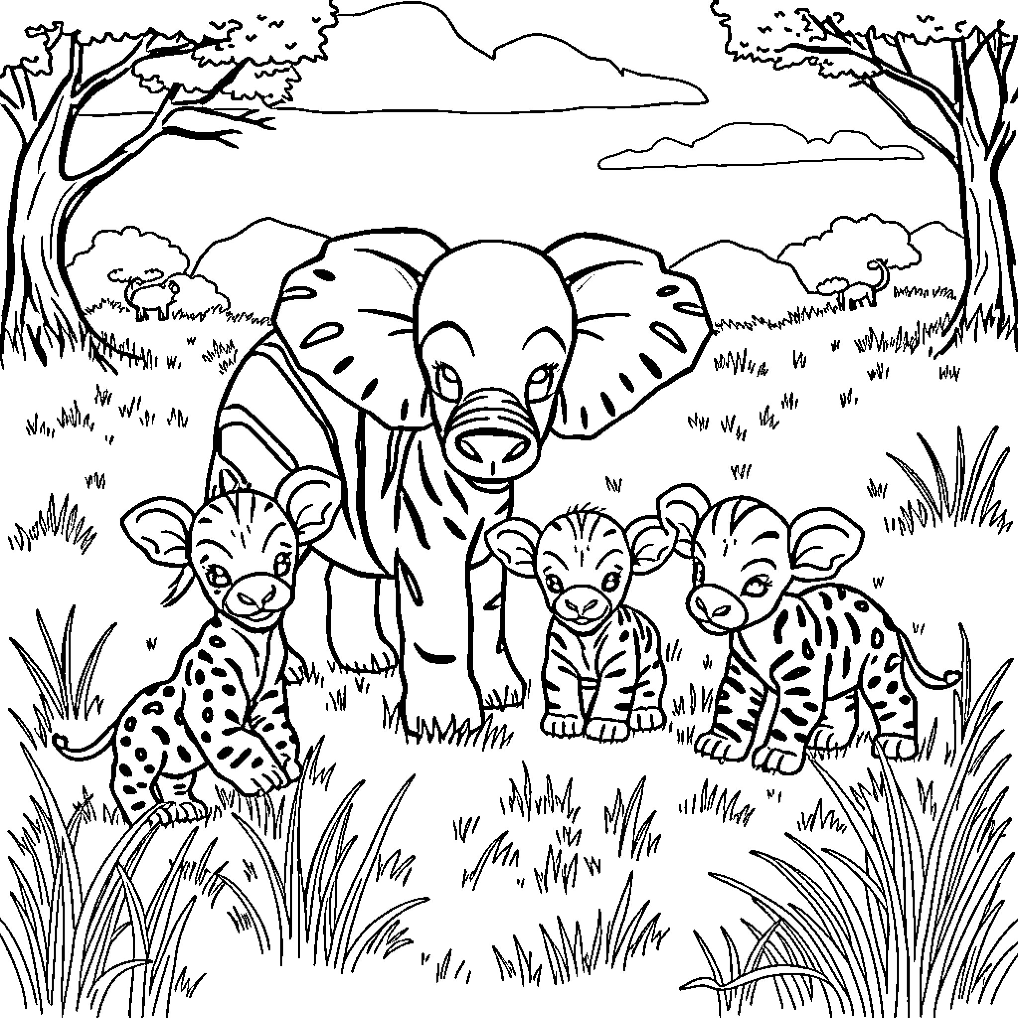 Baby Animal Safari Scene Coloring Page (free black-and-white line drawing printable PDF for all, from beginners to advanced learners, including children, teens, adults, and seniors)