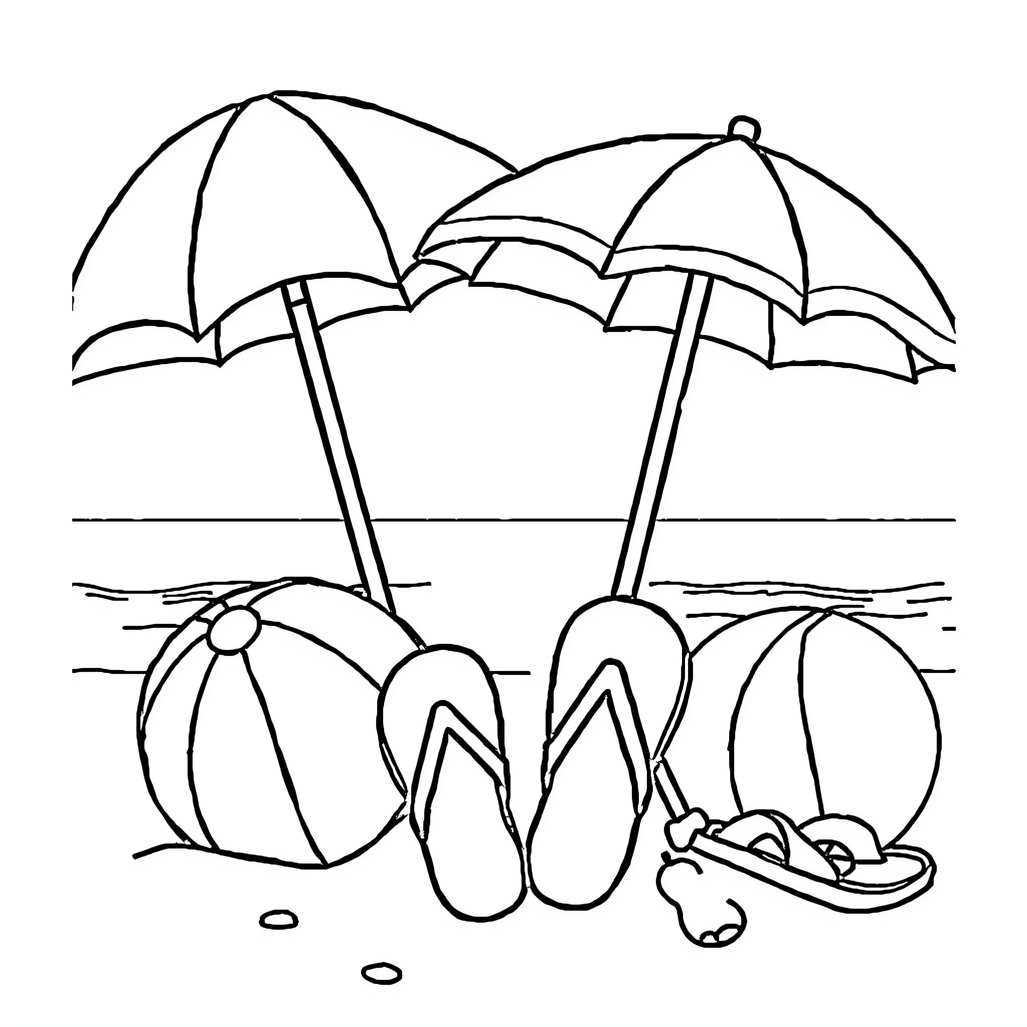 Beach Essentials: Umbrellas, Flip-Flops, and Summer Fun Coloring Page (free black-and-white line drawing printable PDF for all, from beginners to advanced learners, including children, teens, adults, and seniors)