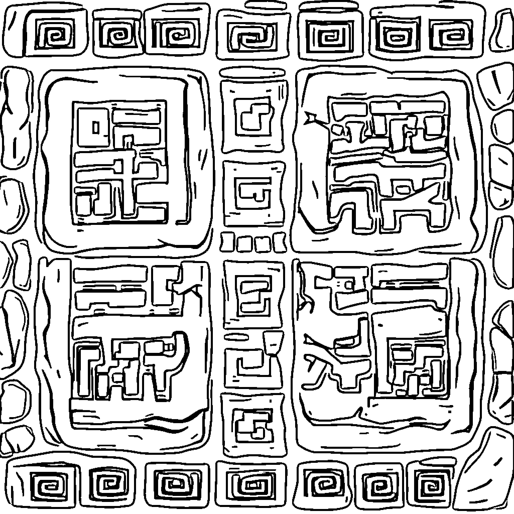 Aztec Symbol with Geometric Patterns and Shapes Coloring Page (free black-and-white line drawing printable PDF for all, from beginners to advanced learners, including children, teens, adults, and seniors)