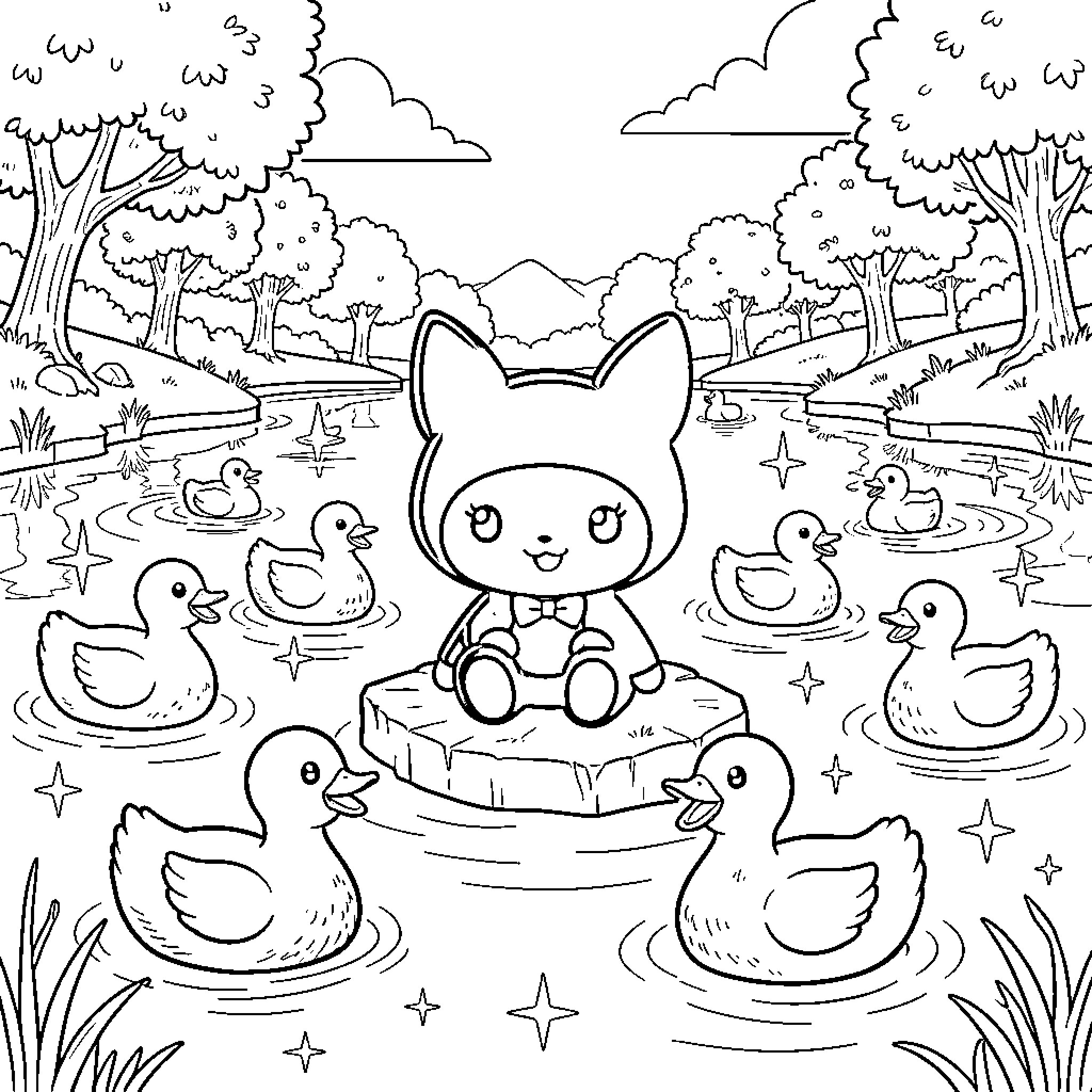 Kuromi enjoying a peaceful day in the nature Coloring Page (free black-and-white line drawing printable PDF for all, from beginners to advanced learners, including children, teens, adults, and seniors)