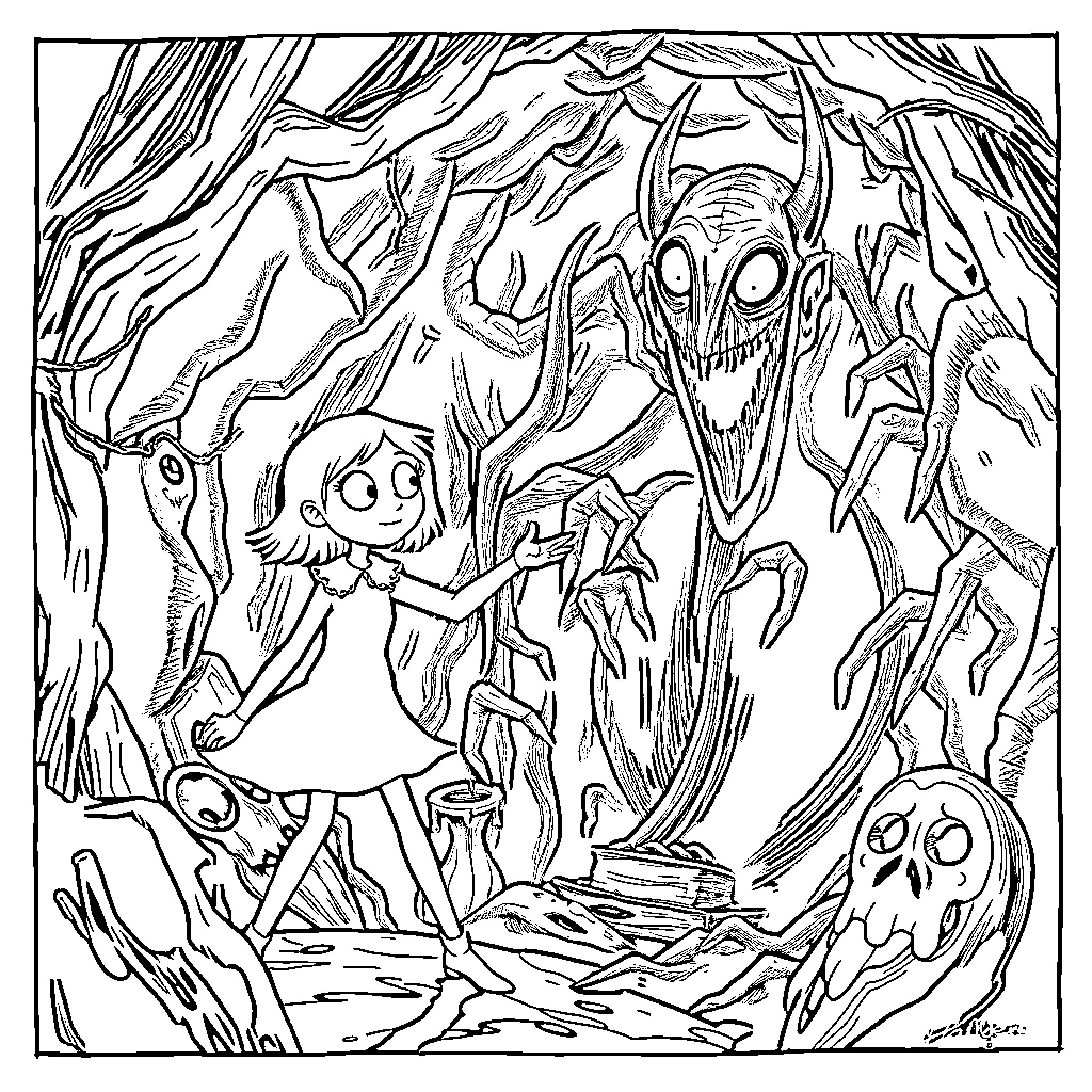 Coraline's Whimsical Adventure in the Fantastical Underworld Coloring Page (free black-and-white line drawing printable PDF for all, from beginners to advanced learners, including children, teens, adults, and seniors)