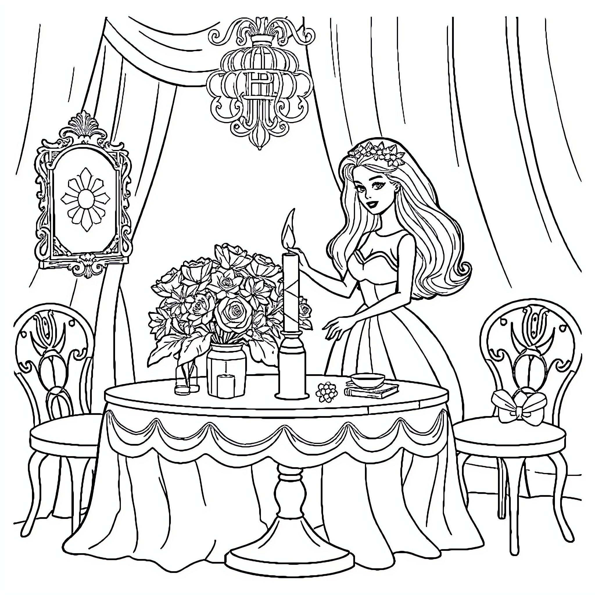 Barbie preparing for a formal event in her dressing room Coloring Page (free black-and-white line drawing printable PDF for all, from beginners to advanced learners, including children, teens, adults, and seniors)