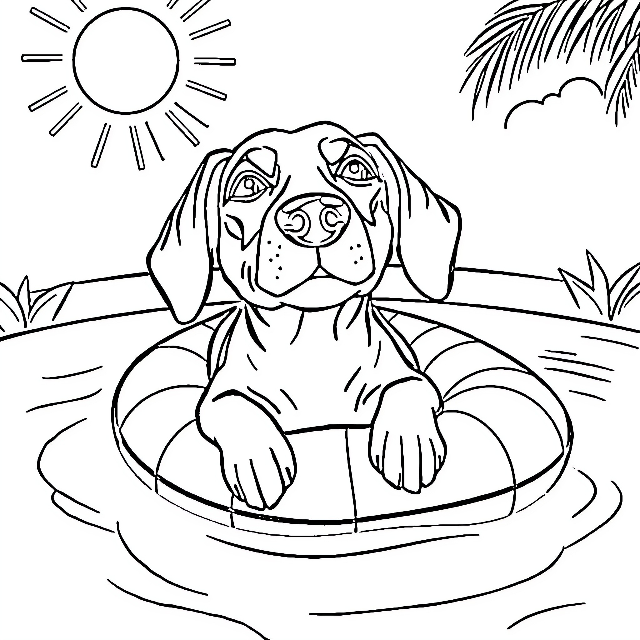 Weiner Dog Relaxing in Inflatable Pool on a Sunny Day Coloring Page (free black-and-white line drawing printable PDF for all, from beginners to advanced learners, including children, teens, adults, and seniors)