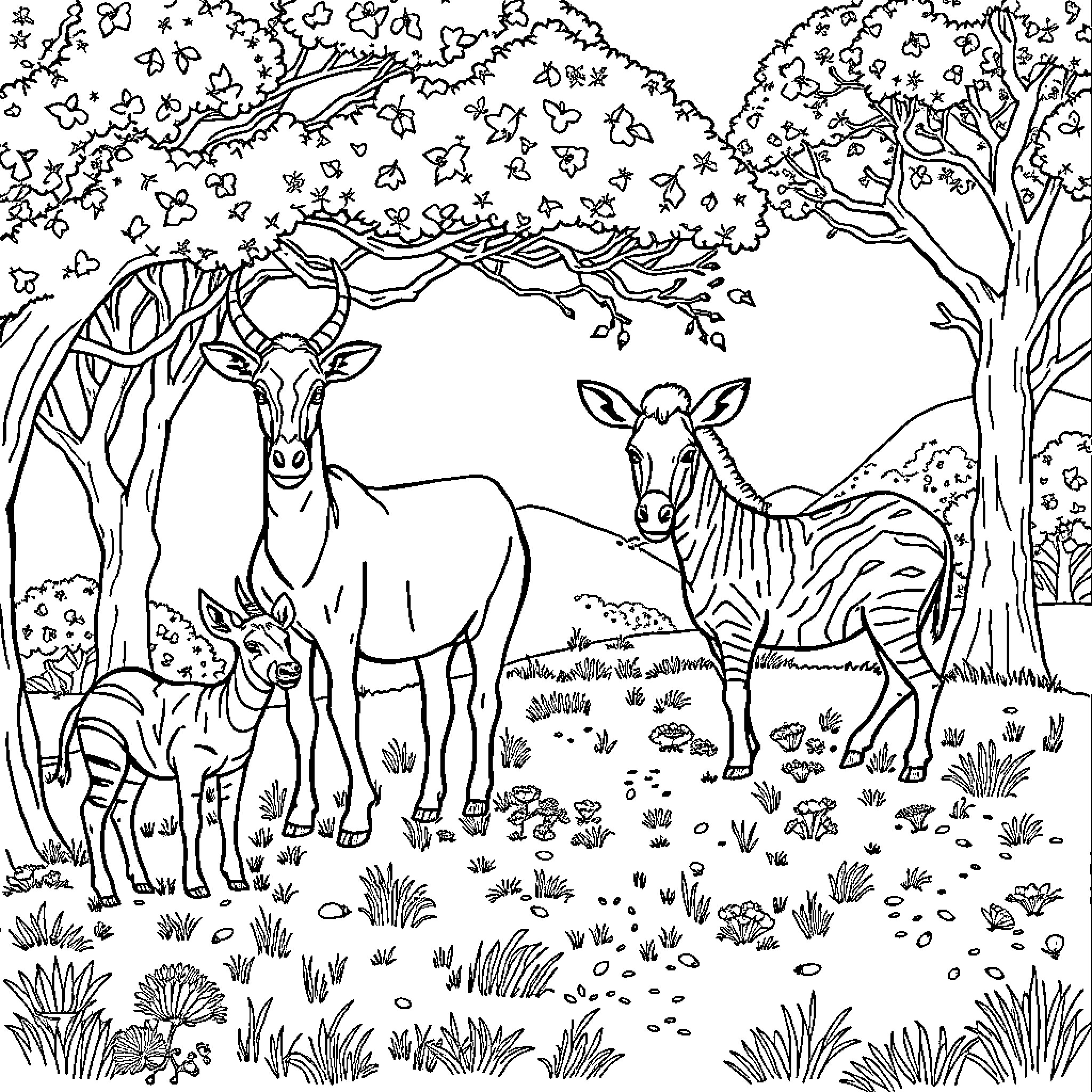 Animal Antelope and Zebra in Scenic Woodland Setting Coloring Page (free black-and-white line drawing printable PDF for all, from beginners to advanced learners, including children, teens, adults, and seniors)