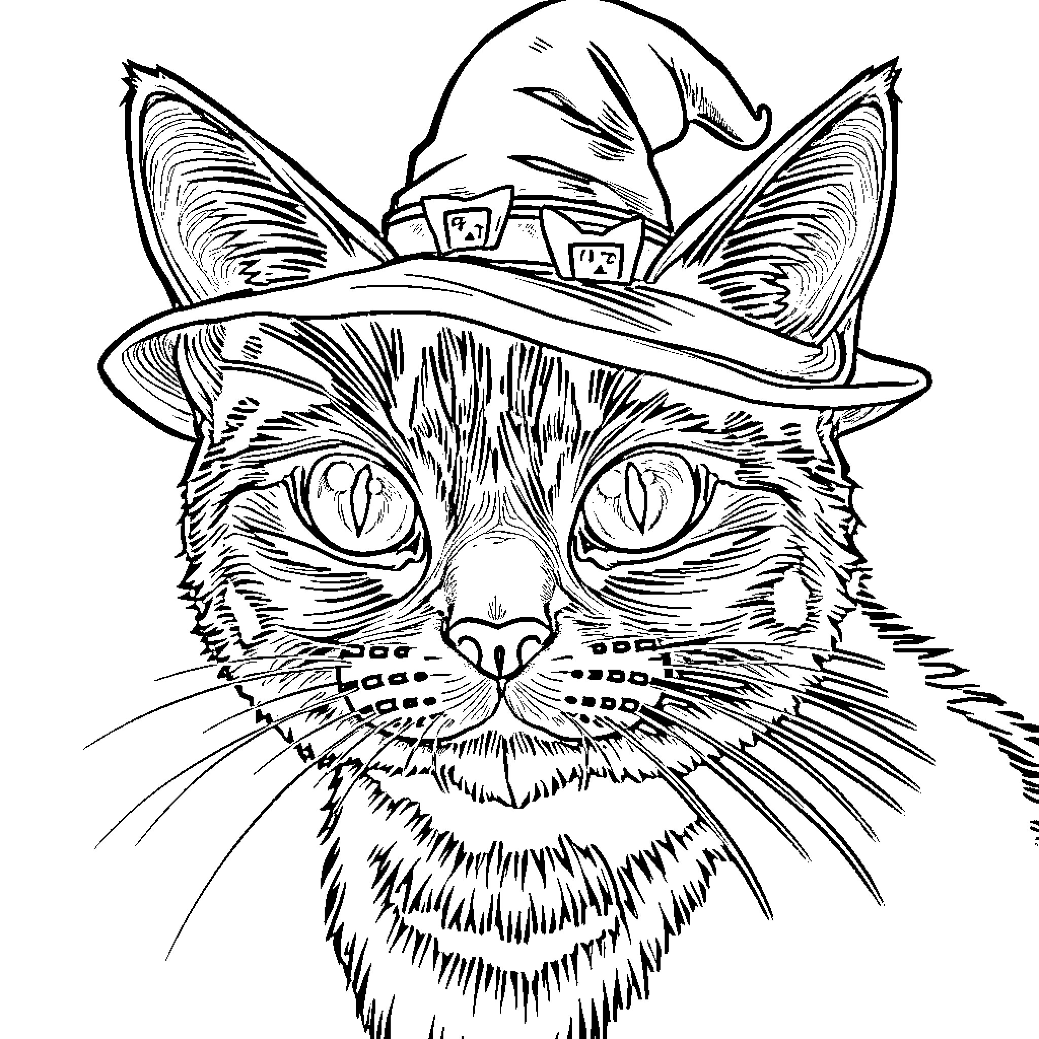 Witch Cat with Whimsical Headwear and Expressive Gaze Coloring Page (free black-and-white line drawing printable PDF for all, from beginners to advanced learners, including children, teens, adults, and seniors)