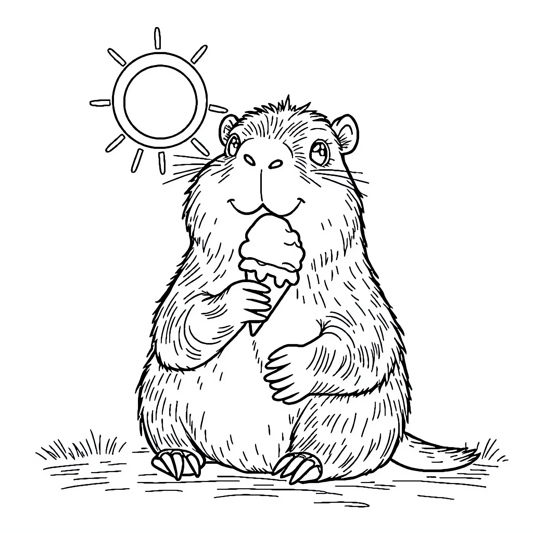 Capybara enjoying a tasty ice cream on a sunny day Coloring Page (free black-and-white line drawing printable PDF for all, from beginners to advanced learners, including children, teens, adults, and seniors)